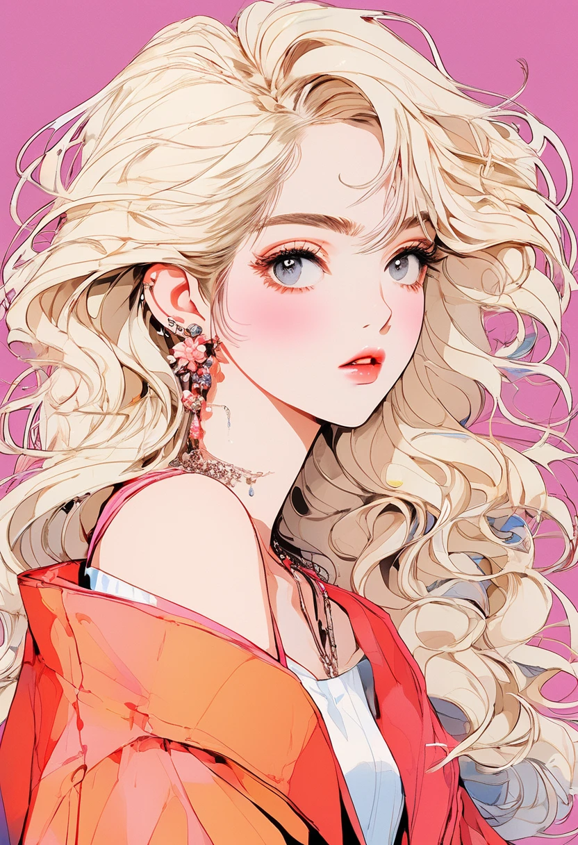 (Highest quality:0.8), (Highest quality:0.8), Perfect illustration,Beautiful woman portrait、One girl, bangs, Black nails, Blonde, Mouth closed, clavicle, ear Earrings, Earrings, Fashion G, hair ornaments, Food, Foodie, Jacket, jewelry, looking at iniewer, Medium Hair, Manicure, necklace, Earrings, short hair, Peony stalk, sleeines past wrists, 一人in, Both sides up, Upper Body, in, Pop Background、Droopy eyes