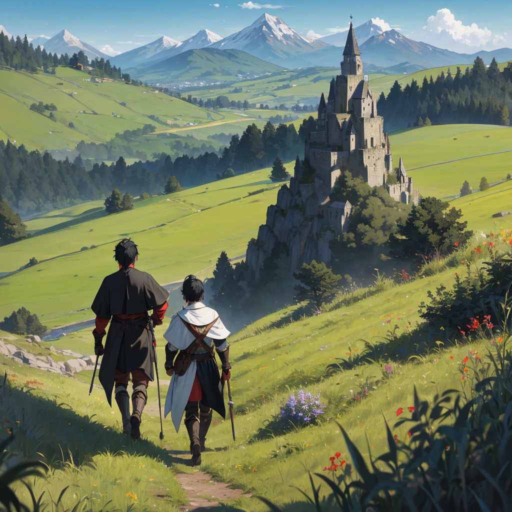 back view black hair boy with adventurer medieval outfit walking in the grassfield and the mountain in the distance