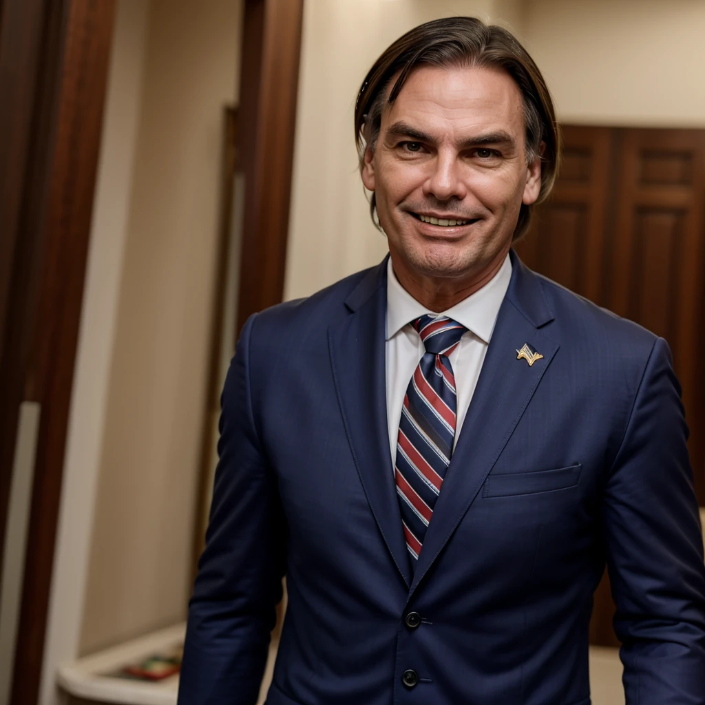 Bolsonaro smiling at the camera in a suit and tie 