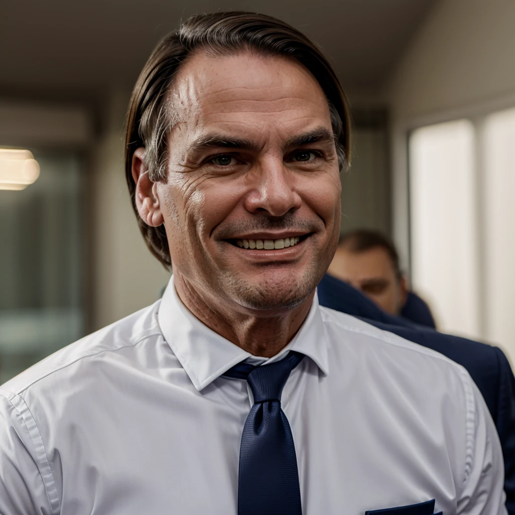 Bolsonaro smiling at the camera in a suit and tie 