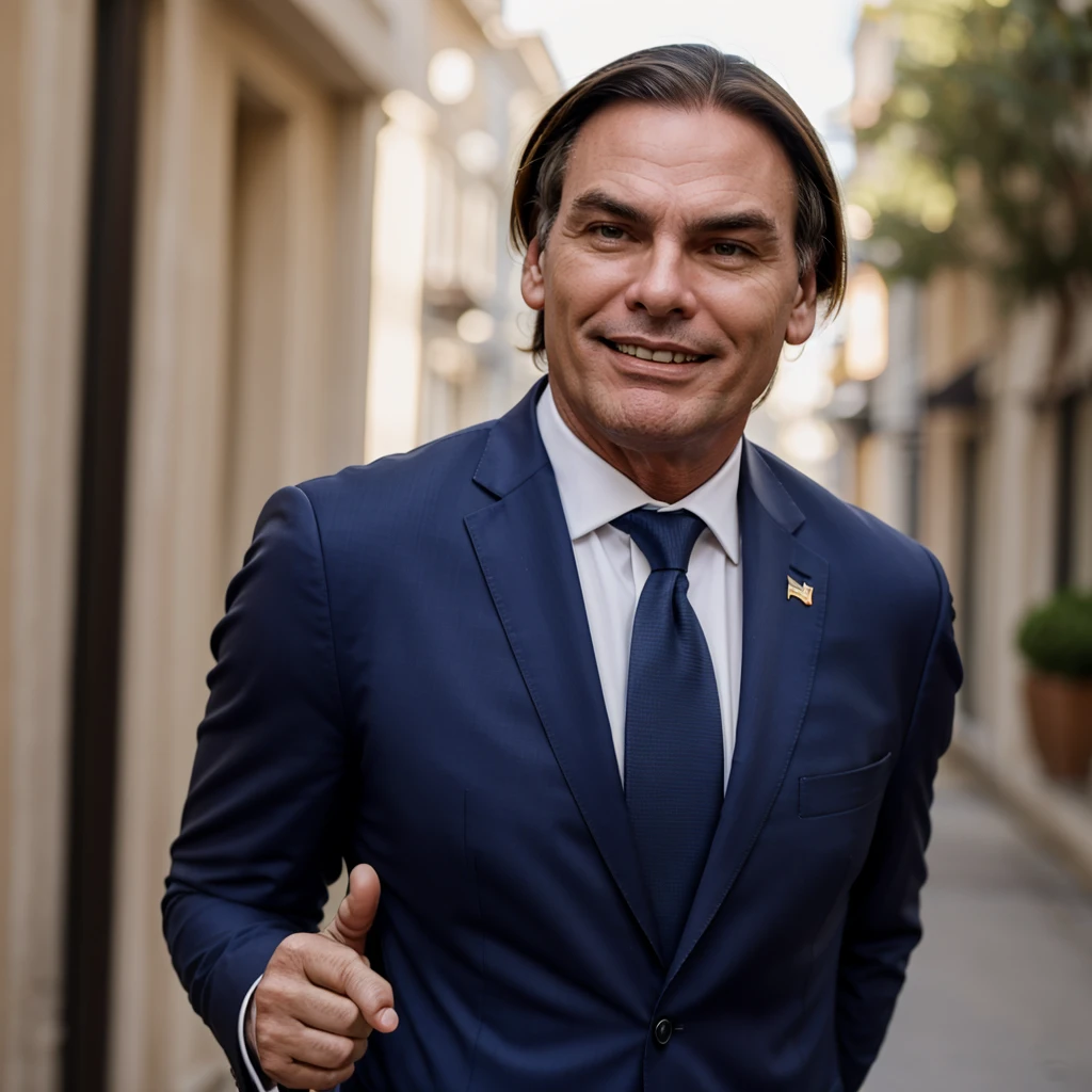 Bolsonaro smiling at the camera in a suit and tie
