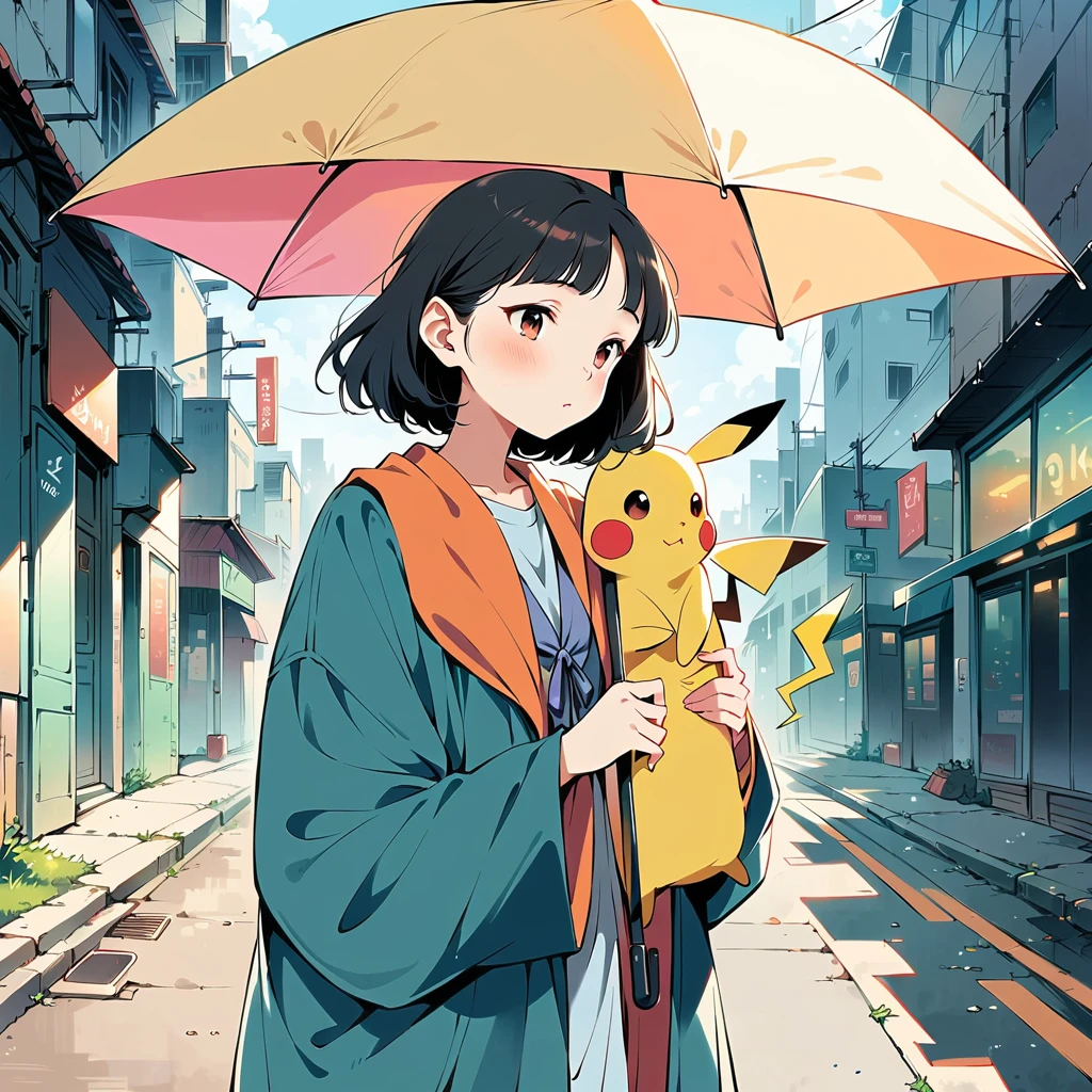 ((anime:1.4,illustration)),(masterpiece, top quality, best quality),(ultra-detailed, absolutely resolution),((16k, high res)), (((Pikachu holding an umbrella in the rain, a rainbow is out, the sky is half sunny and half rainy)) ((cozy lofi illustration:1.4)), ((anime:1.4, illustration)),(masterpiece, top quality, best quality),(ultra-detailed, absolutely resolution),((16k, high res))