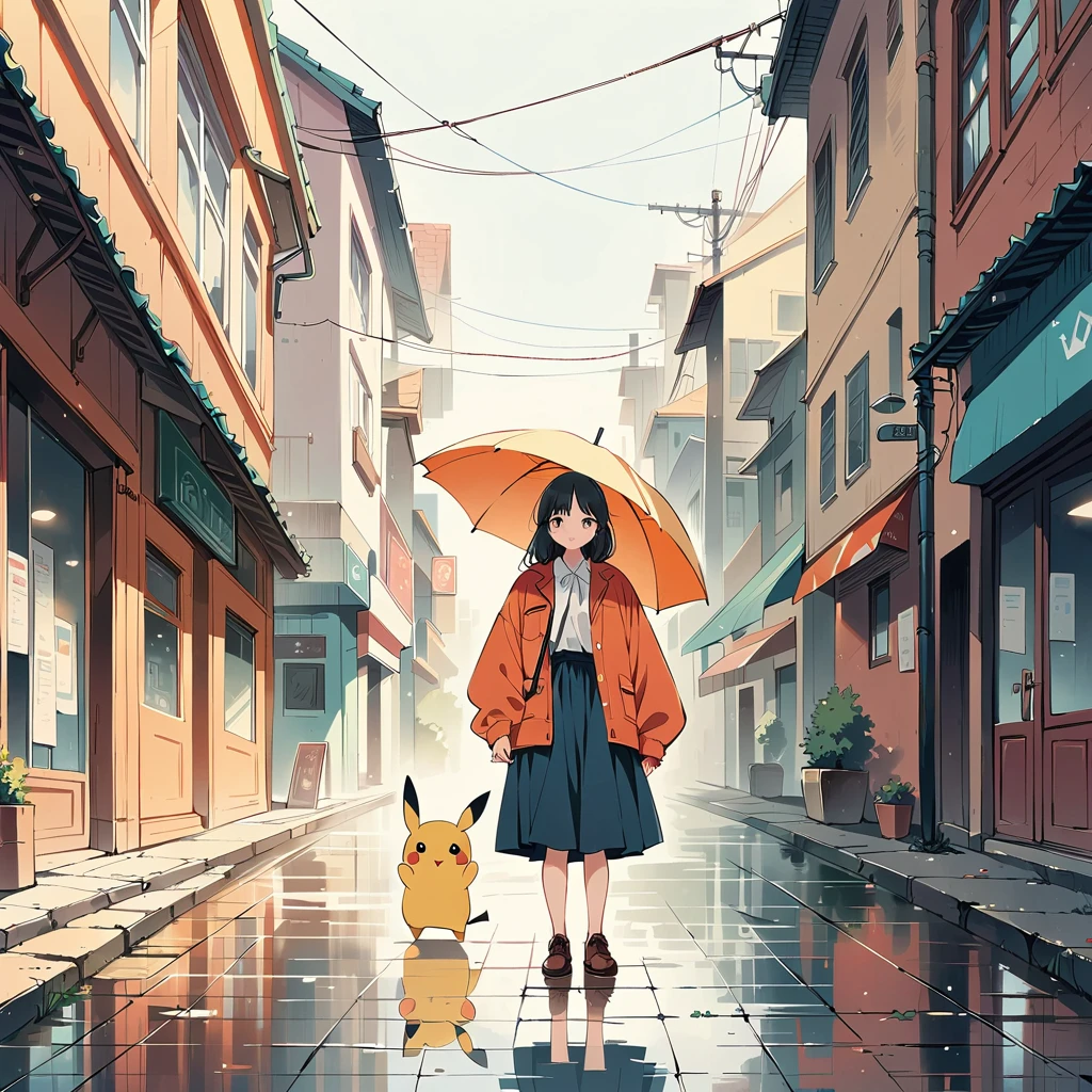 ((anime:1.4,illustration)),(masterpiece, top quality, best quality),(ultra-detailed, absolutely resolution),((16k, high res)), (((Pikachu holding an umbrella in the rain, a rainbow is out, the sky is half sunny and half rainy)) ((cozy lofi illustration:1.4)), ((anime:1.4, illustration)),(masterpiece, top quality, best quality),(ultra-detailed, absolutely resolution),((16k, high res))