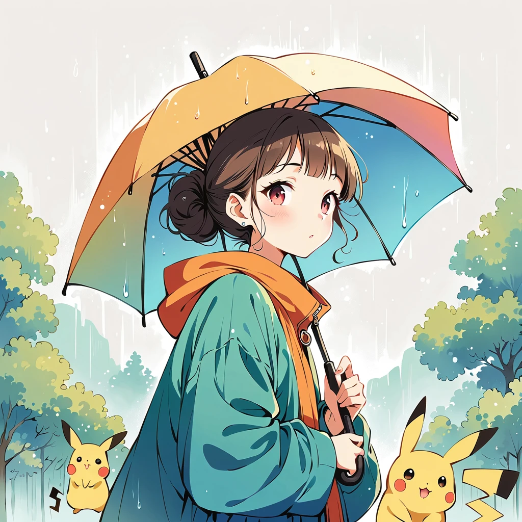 ((anime:1.4,illustration)),(masterpiece, top quality, best quality),(ultra-detailed, absolutely resolution),((16k, high res)), (((Pikachu holding an umbrella in the rain, a rainbow is out, the sky is half sunny and half rainy)) ((cozy lofi illustration:1.4)), ((anime:1.4, illustration)),(masterpiece, top quality, best quality),(ultra-detailed, absolutely resolution),((16k, high res))