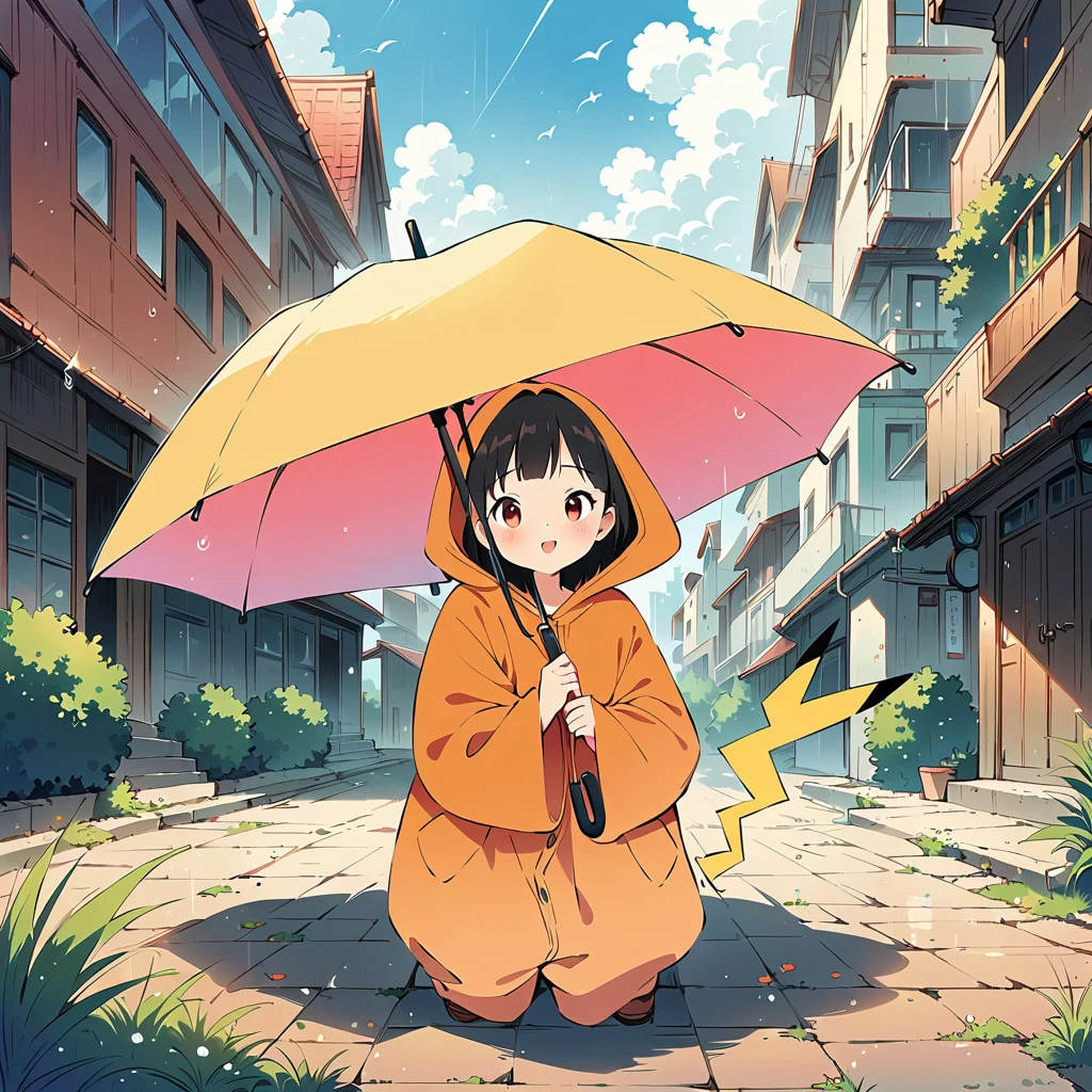 ((anime:1.4,illustration)),(masterpiece, top quality, best quality),(ultra-detailed, absolutely resolution),((16k, high res)), (((Pikachu holding an umbrella in the rain, a rainbow is out, the sky is half sunny and half rainy)) ((cozy lofi illustration:1.4)), ((anime:1.4, illustration)),(masterpiece, top quality, best quality),(ultra-detailed, absolutely resolution),((16k, high res))