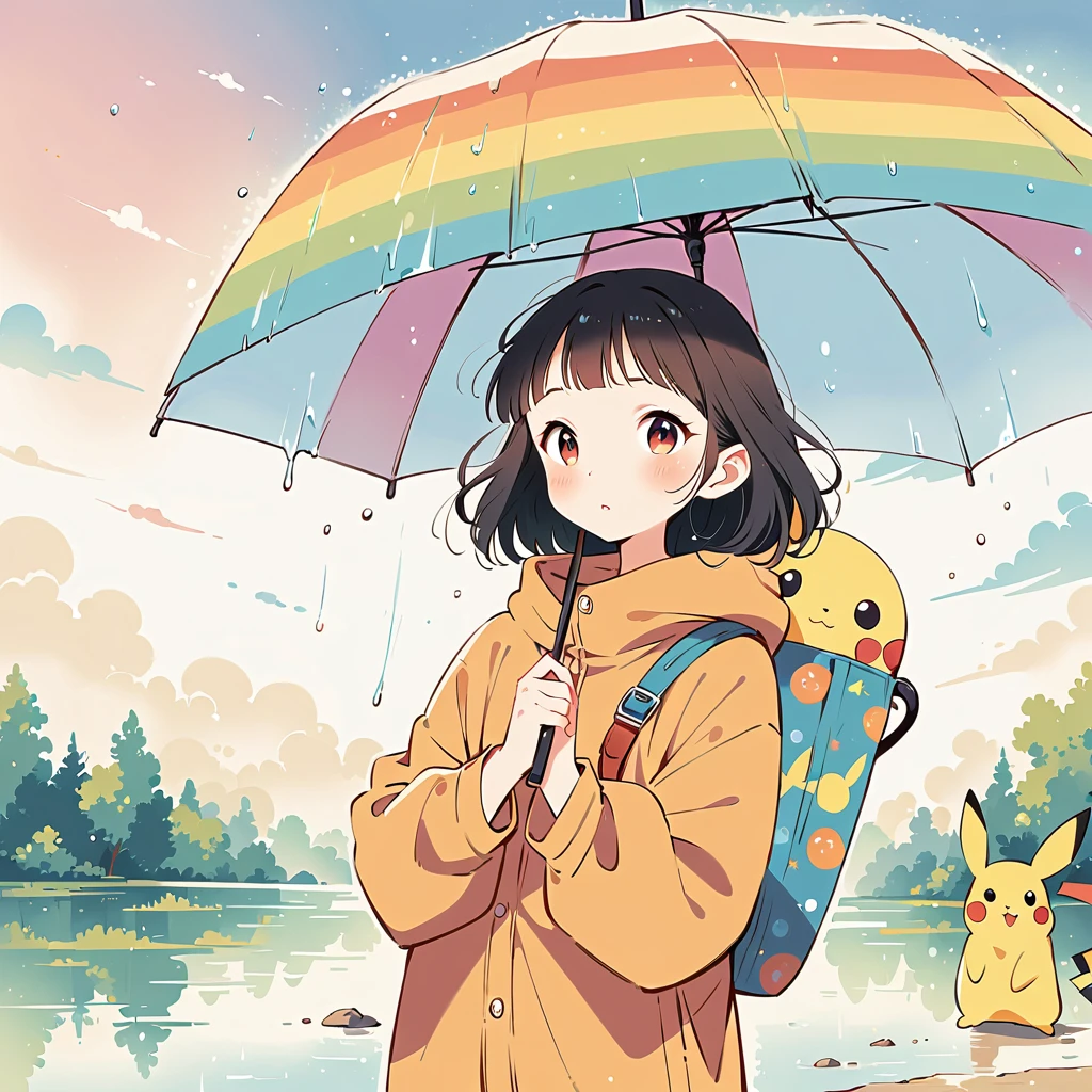 ((anime:1.4,illustration)),(masterpiece, top quality, best quality),(ultra-detailed, absolutely resolution),((16k, high res)), (((Pikachu holding an umbrella in the rain, a rainbow is out, the sky is half sunny and half rainy)) ((cozy lofi illustration:1.4)), ((anime:1.4, illustration)),(masterpiece, top quality, best quality),(ultra-detailed, absolutely resolution),((16k, high res))