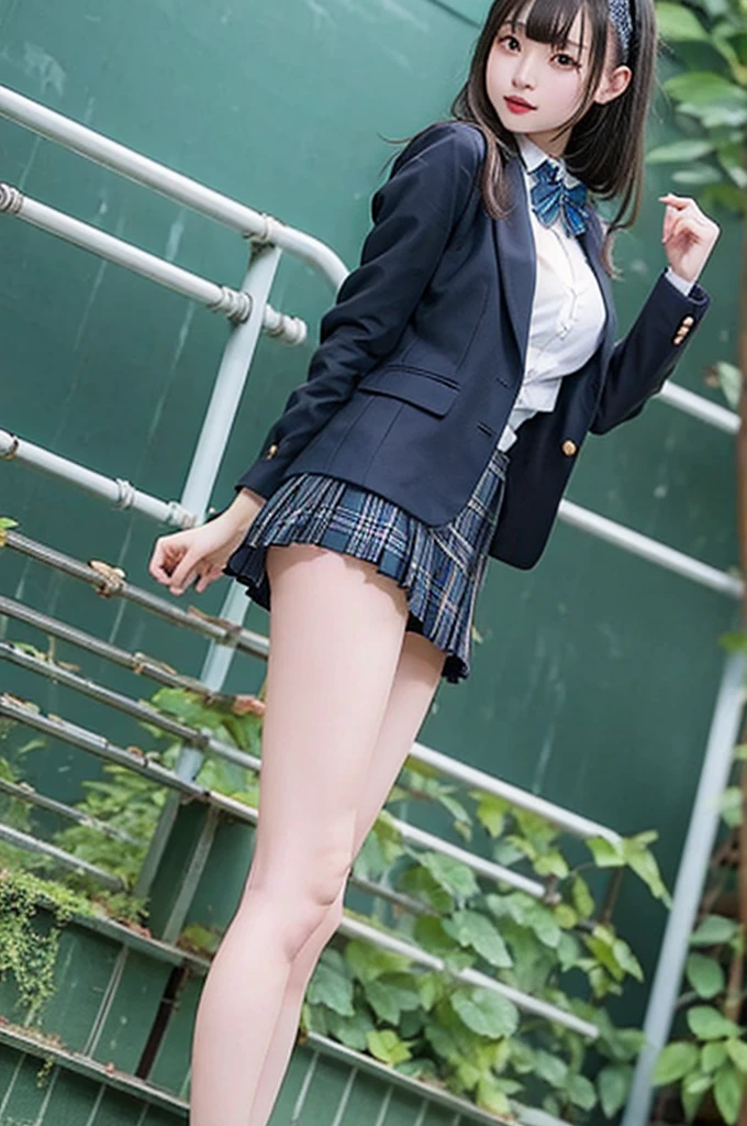 Top quality, high image, 1 woman, 18 years old, school stairs, black jacket, Medium breasts,white blouse,(plaid miniskirt), cotton panties,upskirt,from below