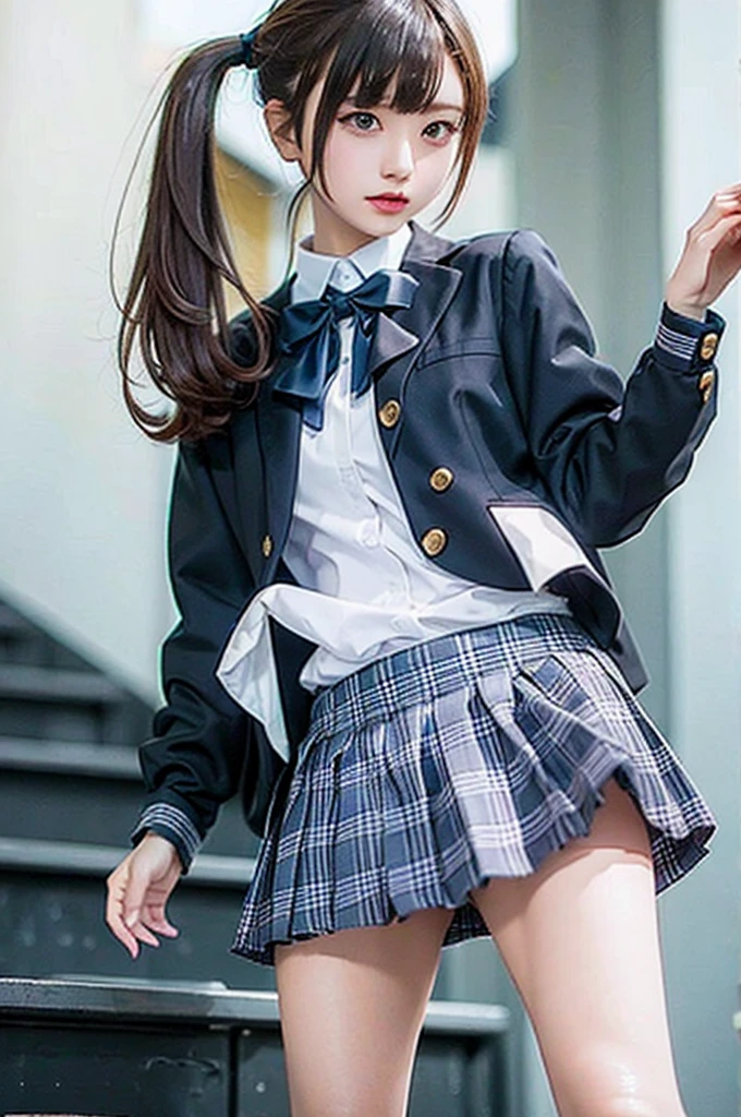 Top quality, high image, 1 woman, 18 years old, school stairs, black jacket, Medium breasts,white blouse,(plaid miniskirt), cotton panties,upskirt,from below