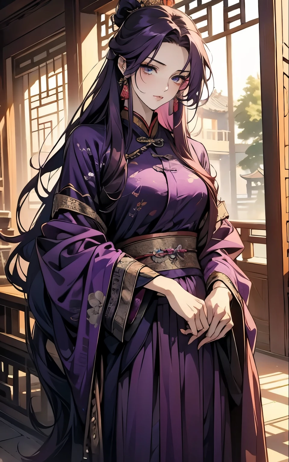 1 middle-aged women, (45 years old), long purple hair, blue eyes, chinese clothes, (!PURPLE! clothes, ultra long skirt ), purple chinese room, portrait