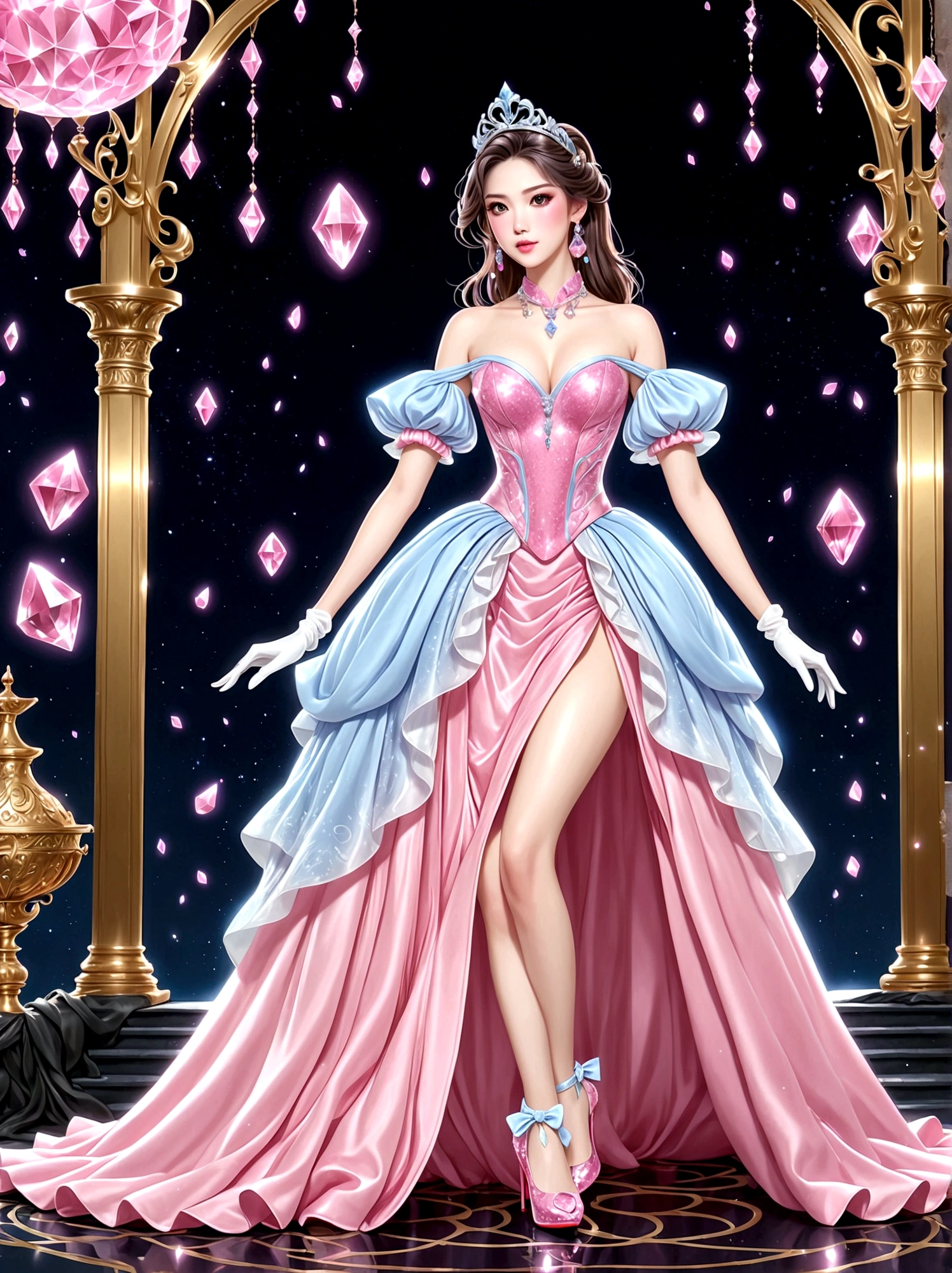 ((masterpiece))，Best quality，absurd，Ultra Detailed，(whole body:1.5)，Golden Ratio，Super cute and beautiful Asian idol girl，Very beautiful violet bright eyes，Beautiful colorful shiny brown hair，High Ponytail，good body shape，fit，Perfect body，(Wearing a stately and exquisite royal Cinderella court evening gown:1.5)，With huge puff sleeves and hourglass waist，adorned with bows，Embroidery and jewelry，Long white gloves，pearl necklace and earrings，Beautiful hair accessories，(Pink crystal high heels:1.8)，Dark theme elements, Pencil Sketch，(rococo style, Romanticism, modern, uhd, anatomically correct, accurate, textured skin, 8K)