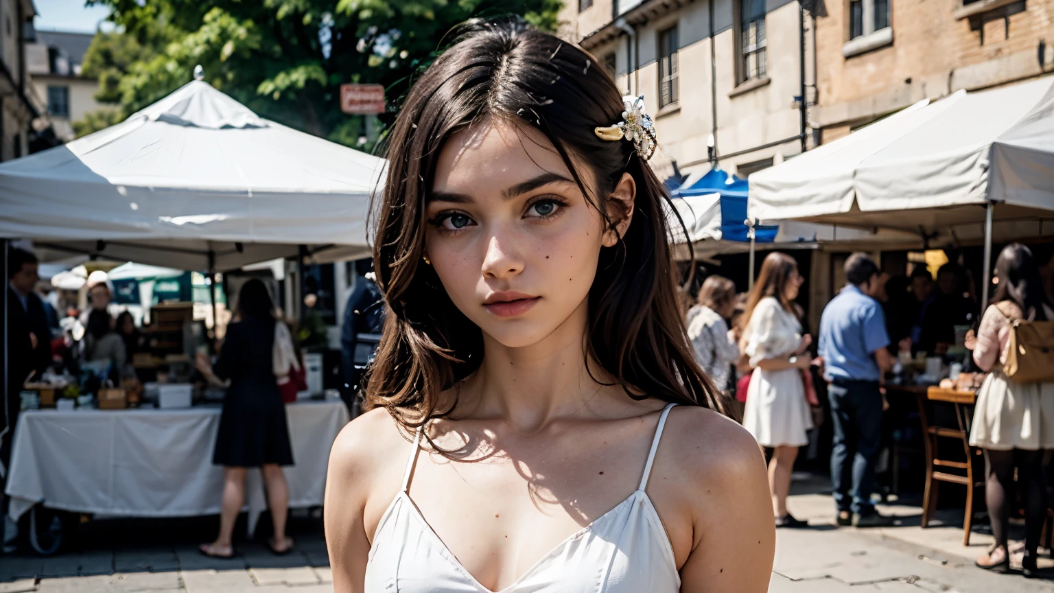 35mm film, solo, updo, makeup, blue eyes, , (white dress), green skirt, looking at viewer, epiCPhoto,focus on face, close to viewer, intricate lines, cobbled street, (medieval market), sharp magnificent details, delicate features, elaborate details, beautiful girl, black hair, (long hair) eighteen years old woman, ((upper body)) (Acne), ((natural lighting))