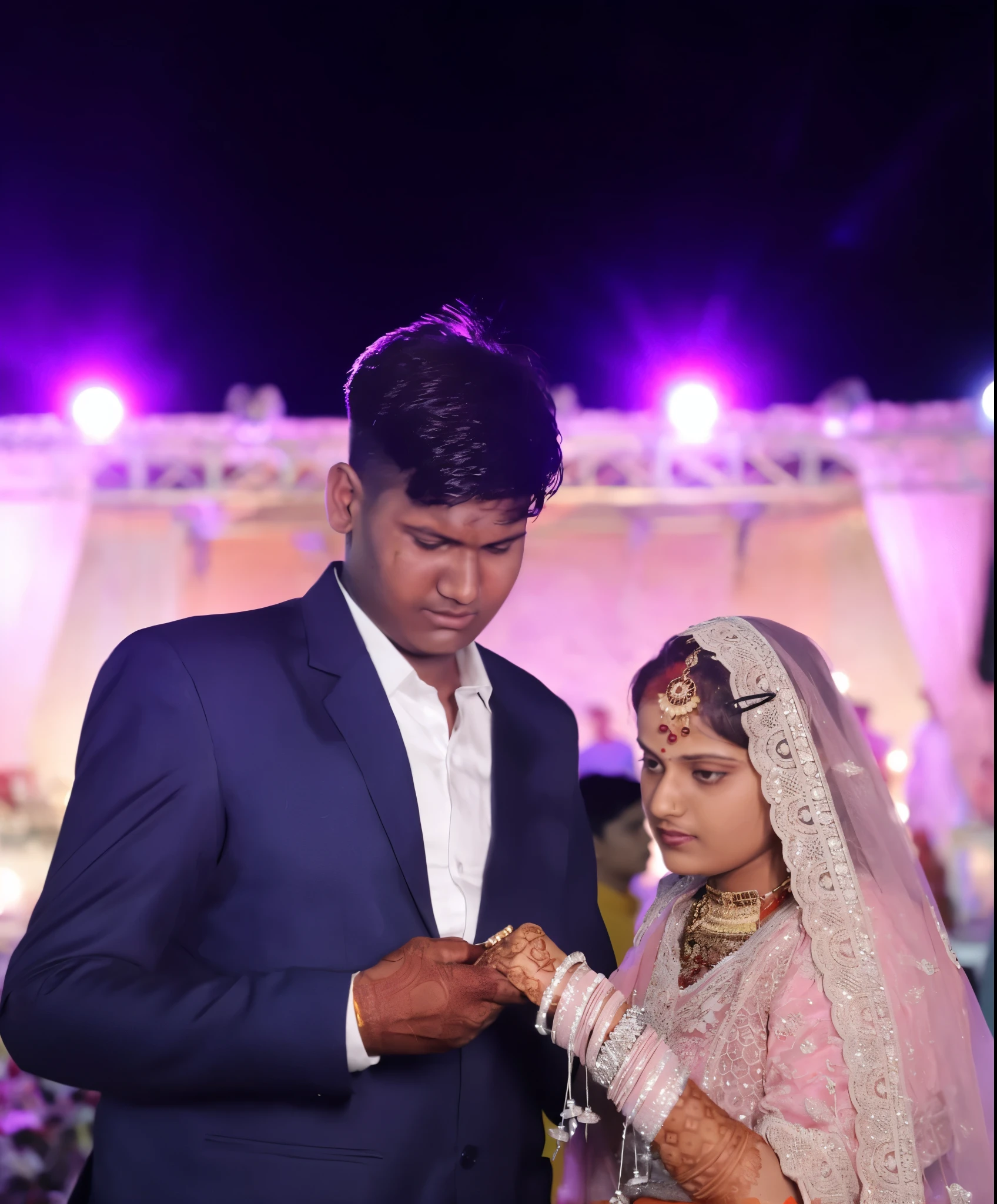 Generate a 3D illustration of a 24-year-old Indian couple in traditional attire, standing in front of temple at sun set time she wears a orange saree men wears Orange kurtha.