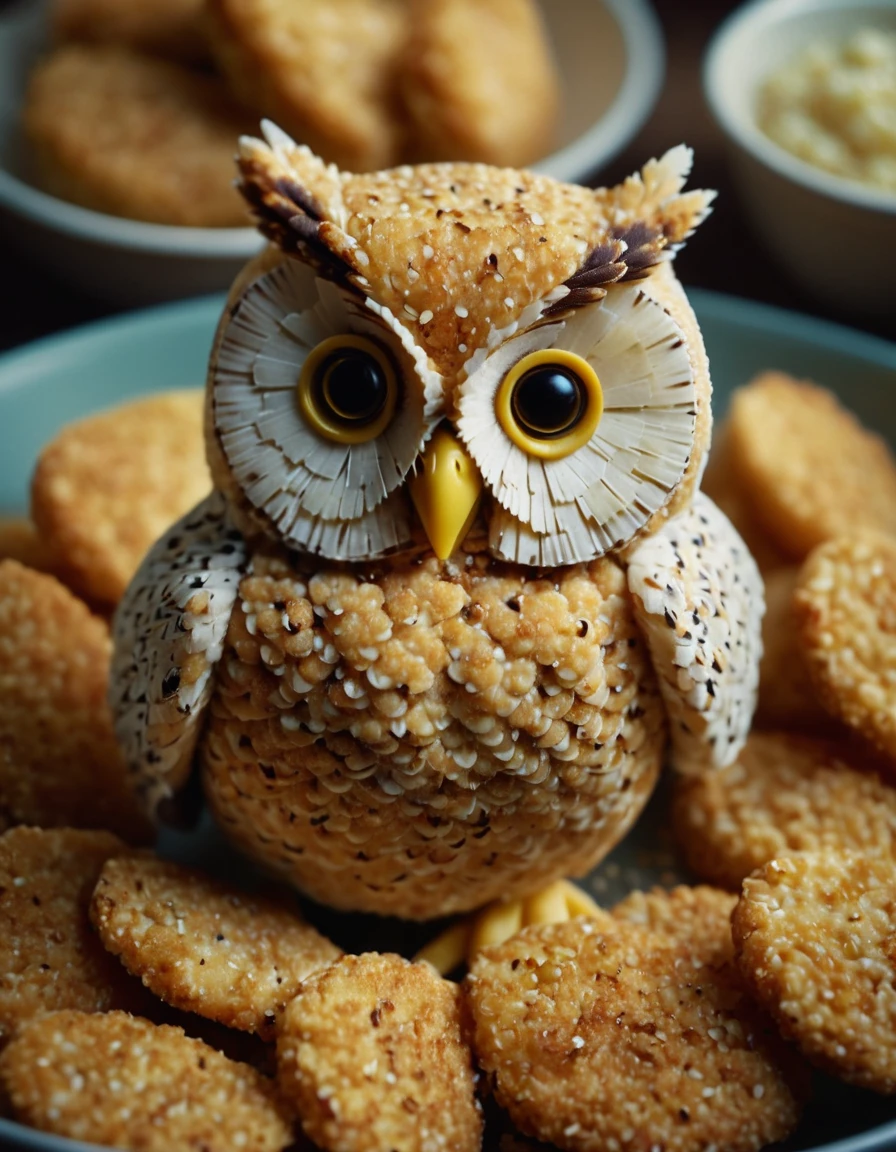 Film still of an owl made from breaded food
 . Shallow depth of field, Vignette, Very detailed, High budget, Bokeh, CinemaScope, Sulky, amazing, nice, Film Grain, granular