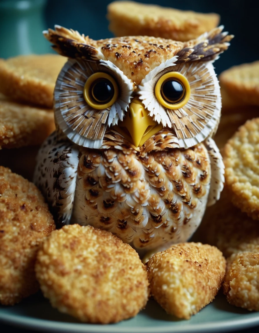 Film still of an owl made from breaded food
 . Shallow depth of field, Vignette, Very detailed, High budget, Bokeh, CinemaScope, Sulky, amazing, nice, Film Grain, granular