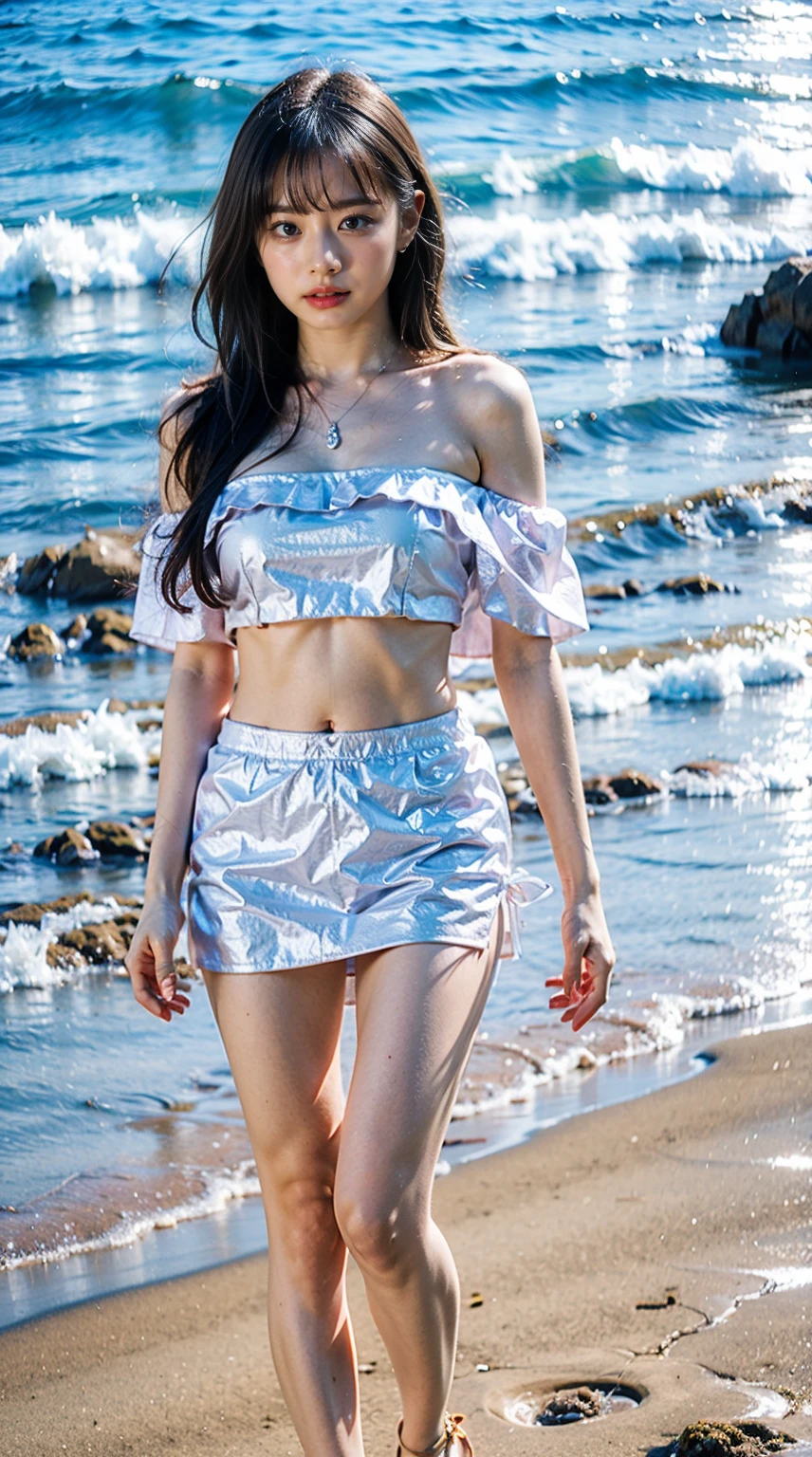 (8K、RAW Photos、Highest quality、masterpiece:1.2)、(Realistic、Photorealistic)、1 Girl、((Beach、Big Breasts、Off the shoulder、mini skirt、Sandals、Look forward、Are standing))、