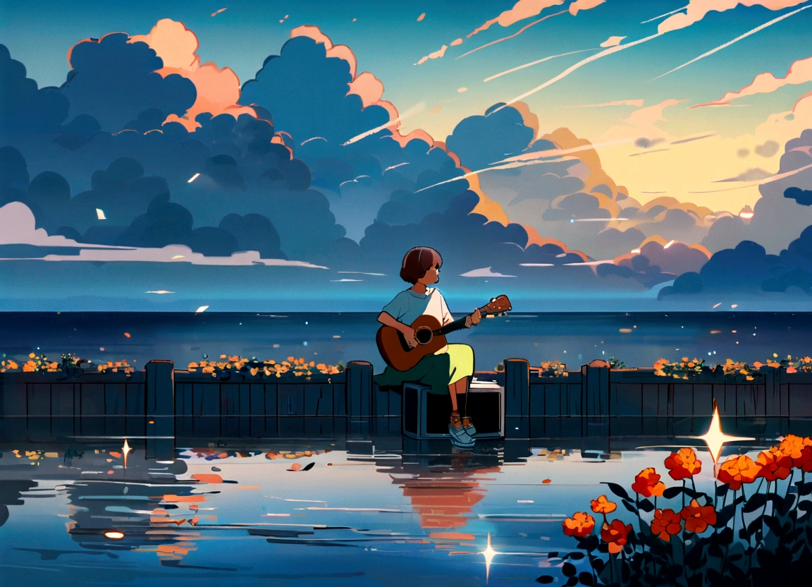 Blues, One girl, musical instrument, flower, alone, Outdoor, Brown Hair, Sitting, guitar, cloud, null, shoes, flowerびら, short hair, Day, wood, music, Blurred foreground, Blurred, shirt, blue null, playing musical instrument, orange flower, scenery, Wind, holding musical instrument, amplifier, Depth of written boundary, yellow flower, jack Jhonson, Wide Shot, Green Skirt, profile, leaf, fence, cloudy null, Ocean, Studio Ghibli Style HMC, 夕暮れ時に棚に座ってguitarを弾く少年, Wallpaper 8k, guitarを弾く, LOFI Girl,(Warm, vibrant colors), (soft, Golden Light), (Sparkling reflections on the water), Anime Style，Ocean，Oceanのビーチ，ココナッツのwood, Illustrator