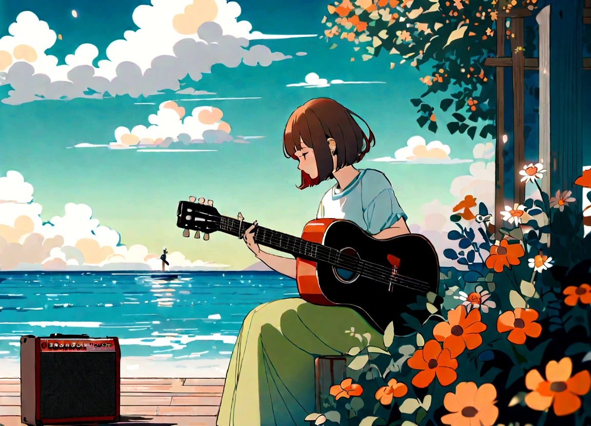 Blues, One girl, musical instrument, flower, alone, Outdoor, Brown Hair, Sitting, guitar, cloud, null, shoes, flowerびら, short hair, Day, wood, music, Blurred foreground, Blurred, shirt, blue null, playing musical instrument, orange flower, scenery, Wind, holding musical instrument, amplifier, Depth of written boundary, yellow flower, jack Jhonson, Wide Shot, Green Skirt, profile, leaf, fence, cloudy null, Ocean, Studio Ghibli Style HMC, 夕暮れ時に棚に座ってguitarを弾く少年, Wallpaper 8k, guitarを弾く, LOFI Girl,(Warm, vibrant colors), (soft, Golden Light), (Sparkling reflections on the water), Anime Style,Ocean,Oceanのビーチ,ココナッツのwood, Illustrator