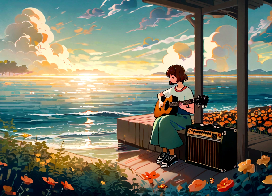 Blues, One girl, musical instrument, flower, alone, Outdoor, Brown Hair, Sitting, guitar, cloud, null, shoes, flowerびら, short hair, Day, wood, music, Blurred foreground, Blurred, shirt, blue null, playing musical instrument, orange flower, scenery, Wind, holding musical instrument, amplifier, Depth of written boundary, yellow flower, jack Jhonson, Wide Shot, Green Skirt, profile, leaf, fence, cloudy null, Ocean, Studio Ghibli Style HMC, 夕暮れ時に棚に座ってguitarを弾く少年, Wallpaper 8k, guitarを弾く, LOFI Girl,(Warm, vibrant colors), (soft, Golden Light), (Sparkling reflections on the water), Anime Style,Ocean,Oceanのビーチ,ココナッツのwood, Illustrator