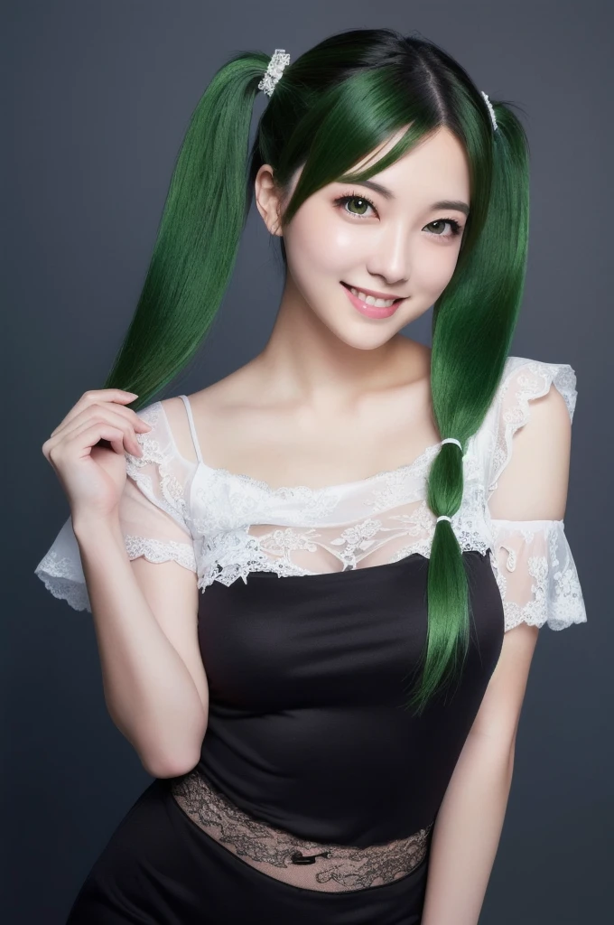 masterpiece, 8k, arafed image of a woman in a maid costume with green hair, lace embellished blouse, RAW photo, (pony tail:1.2), goddess, seductive girl, smile, photo quality, extremely detailed artgerm, beautiful alluring woman, style artgerm, artgerm on artstation pixiv, artgerm lau, like artgerm, range murata and artgerm, artgerm style, girl cosplay