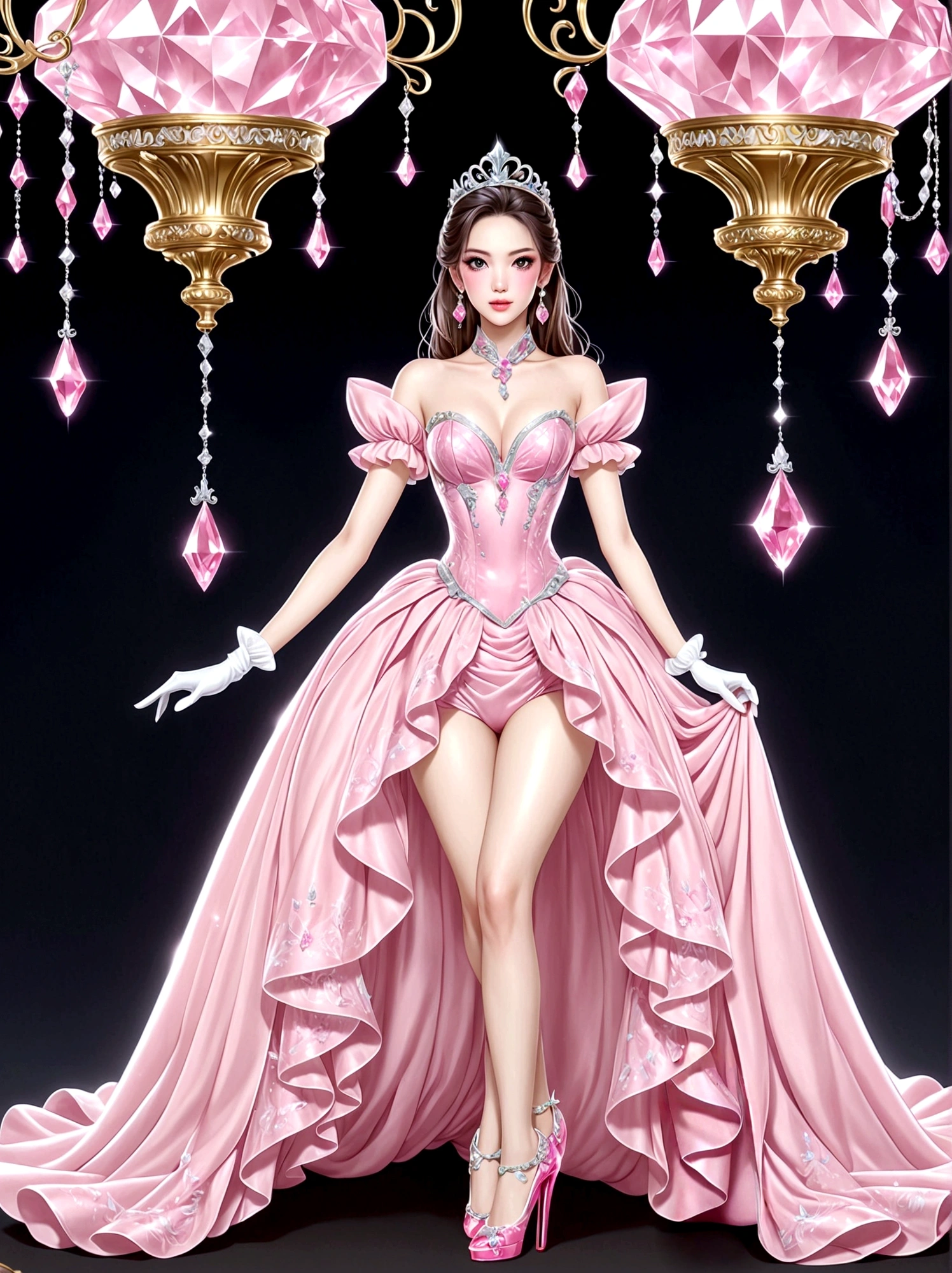 ((masterpiece)),Best quality,absurd,Ultra Detailed,(whole body:1.5),Golden Ratio,Super cute and beautiful Asian idol girl,Very beautiful violet bright eyes,Beautiful colorful shiny brown hair,High Ponytail,good body shape,fit,Perfect body,(Wearing a stately and exquisite royal Cinderella court evening gown:1.5),With huge puff sleeves and hourglass waist,adorned with bows,Embroidery and jewelry,Long white gloves,pearl necklace and earrings,Beautiful hair accessories,(Pink crystal high heels:1.8),Dark theme elements, Pencil Sketch,(rococo style, Romanticism, modern, uhd, anatomically correct, accurate, textured skin, 8K)