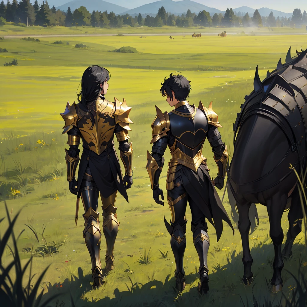 back view black hair boy with golden armored knight walking in the grassfield
