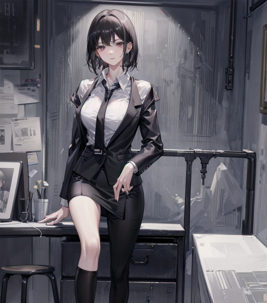 RAW photo, extremely delicate and beautiful, masterpiece, Best Quality, ultra high resolution, 16k, photorealistic, ultra detailed description, pale skin, in her 20s, whole body, medium tits, medium hair, black hair, tearful mole, earring, business suit, blazer, pencil skirt, collarbone, shirt, tie,