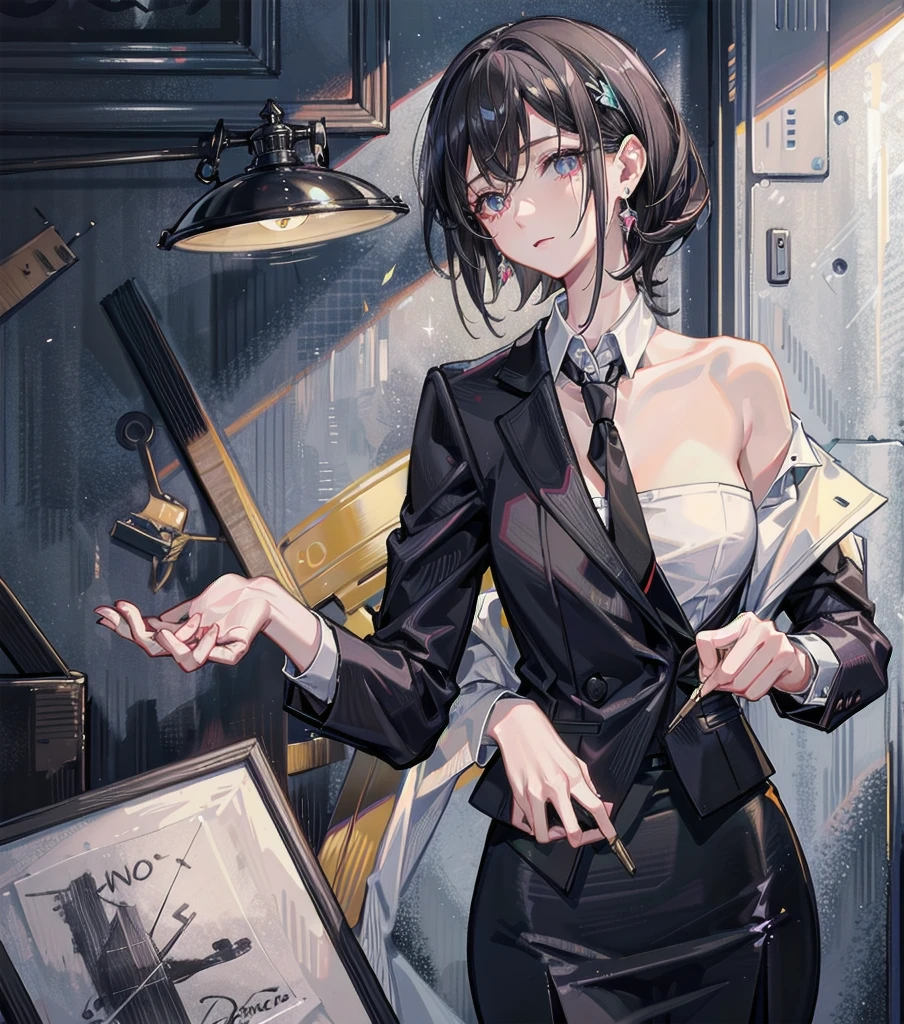 RAW photo, extremely delicate and beautiful, masterpiece, Best Quality, ultra high resolution, 16k, photorealistic, ultra detailed description, pale skin, in her 20s, whole body, medium tits, medium hair, black hair, tearful mole, earring, business suit, blazer, pencil skirt, collarbone, shirt, tie,