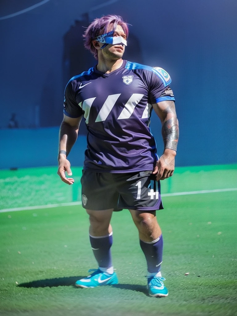 Homem Soccer Player, purple hair, blue easy protection mask