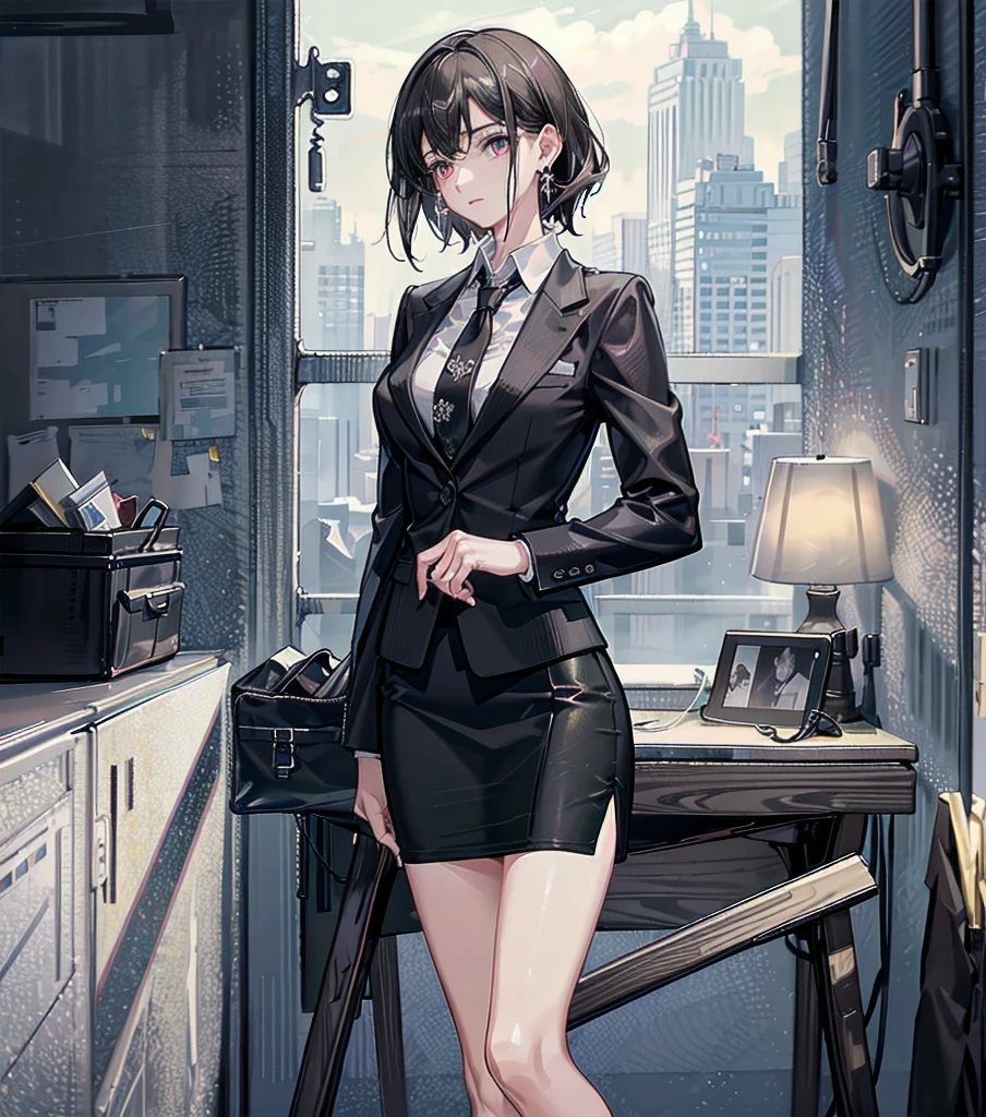 RAW photo, extremely delicate and beautiful, masterpiece, Best Quality, ultra high resolution, 16k, photorealistic, ultra detailed description, pale skin, in her 20s, whole body, medium tits, medium hair, black hair, tearful mole, earring, business suit, blazer, pencil skirt, collarbone, shirt, tie,