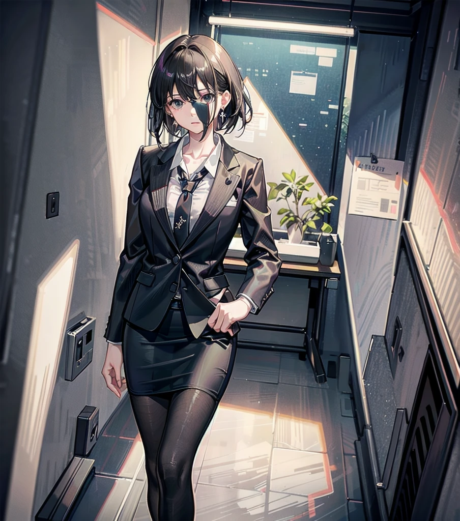 RAW photo, extremely delicate and beautiful, masterpiece, Best Quality, ultra high resolution, 16k, photorealistic, ultra detailed description, pale skin, in her 20s, whole body, medium tits, medium hair, black hair, tearful mole, earring, business suit, blazer, pencil skirt, collarbone, shirt, tie,