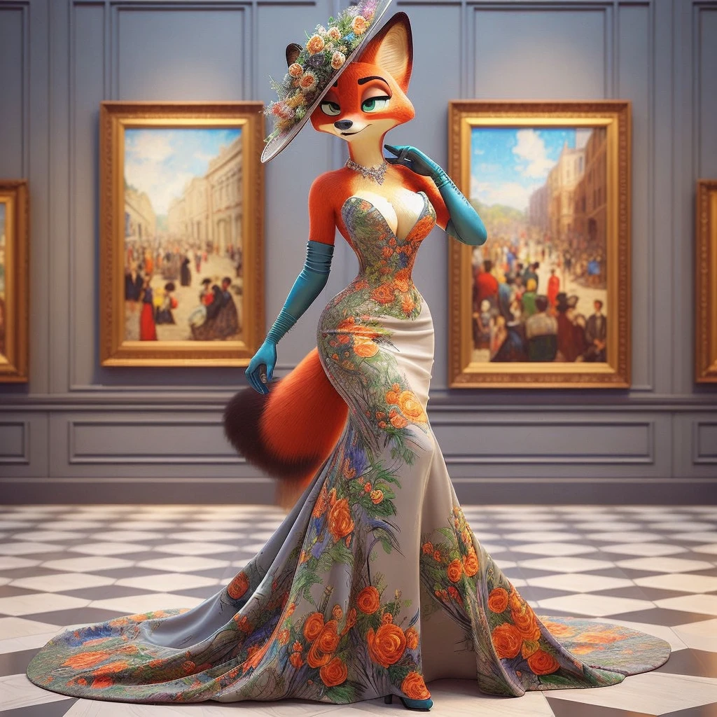 stunning (((brown indian girl))) adorned in a breathtaking, ((grey floral)) (((art piece dress with orange flowers))), intricately detailed and flawlessly fitted to her body. The garment, inspired by impressionism art with vibrant ((orange hues)), is embellished with delicate embroidery and shimmering crystals. Matching (cyan gloves) adorns her hands and a ((gorgeous victorian hat)) complementing her elegant dress. The ensemble, ((polished to perfection)), is designed to captivate in any fashion show, set against a (((museum))) background.