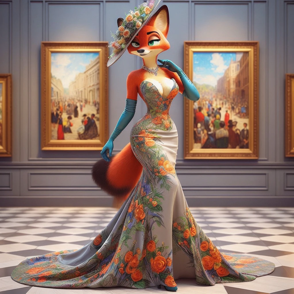stunning (((brown indian girl))) adorned in a breathtaking, ((grey floral)) (((art piece dress with orange flowers))), intricately detailed and flawlessly fitted to her body. The garment, inspired by impressionism art with vibrant ((orange hues)), is embellished with delicate embroidery and shimmering crystals. Matching (cyan gloves) adorns her hands and a ((gorgeous victorian hat)) complementing her elegant dress. The ensemble, ((polished to perfection)), is designed to captivate in any fashion show, set against a (((museum))) background.