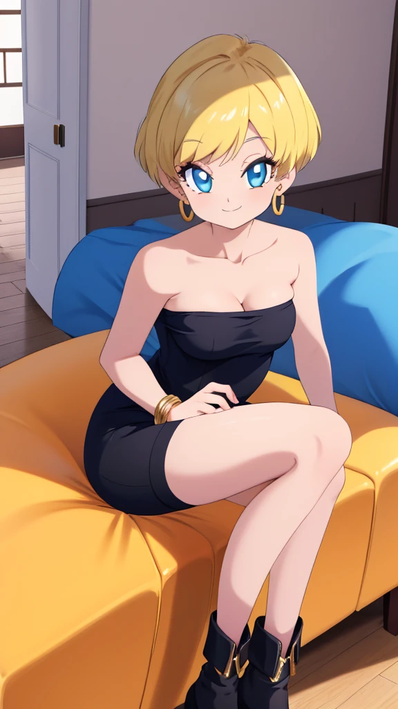 Best Quality, Masterpiece:1.4), (Absurdres:1.2), 1 girl, Solo, erasa, blonde hair, blue eyes, gold earrings, gold bracelets, cleavage, small breasts, black dress, strapless black tube dress, black high heels, sitting on a couch, indoor room, smile, looking at viewer, cowboy shot
