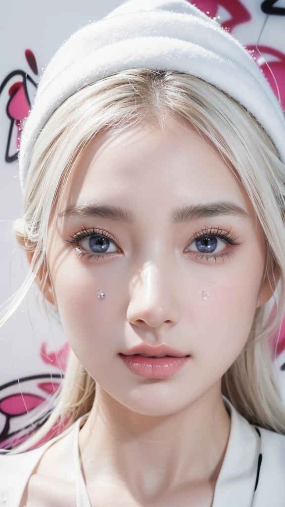 ,1girl, solo, pretty face, eyelashes, nose, glossy lips, (detailed eyes, looking at viewer, fair skin, white skin: 1.5), smooth skin, intricate, graceful, highly detailed, majestic, digital photography, hyper realistic, Masterpiece, Best Quality, Best Quality, (graffiti:1.5),