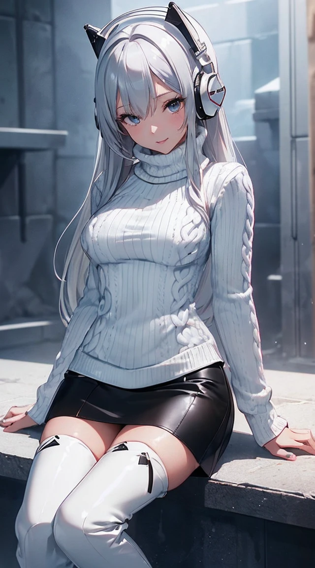 smile、((8k)), ((32k)), ((Highest quality)), ((masterpiece)), ((超A high resolution)), ((Tmasterpiece)), ((halo:1.4))、((White mechanical headgear:1.3))、((White mecha cyber headphones:1.3))、Fine skin, High quality fabric, ((Beautiful and dense face))、RAW Photos、Professional, Ultra-fine painting, ((alone)), Beautiful breasts、Highest quality, Very detailed, Very detailed詳細, Finer details, so beautiful, Full body description、on a futuristic street、White thigh-high boots、(Woman wearing a black leather miniskirt:1.8)、(Wearing a white knitted turtleneck sweater:1.8)、 take a walk、Beautiful legs、(Machine Eyes:1.3)、drooping eyes: 1.3,, (In 8K) , masterpiece, (No retouching, Lip gloss, False eyelashes, Real Skin, Highest quality, 超A high resolution, Depth of written boundary, chromatic aberration, Caustics, Wide Lighting, Natural Shading))、Korean Idol、Asian woman smiling at camera,、Young and cute gravure idol, Young and skinny gravure idol, Realistic Young Gravure Idol, Young Gravure Idol, Japanese Model, Shot with Canon EOA 6D Mark II, Shot with Canon EOS 5D Mark IV, Young Gravure Idol、(White thigh-high boots:1.5)、(Long silver hair:1.1), cowboy_shot, Side Focus, Shiny、Concept Art, Anime fantasy artwork, (((Long silver hair))), 8K high quality, detailed art, In 8Kのキャラクターアートの3Dレンダリング, neat legs, Defined, Defined fingers,