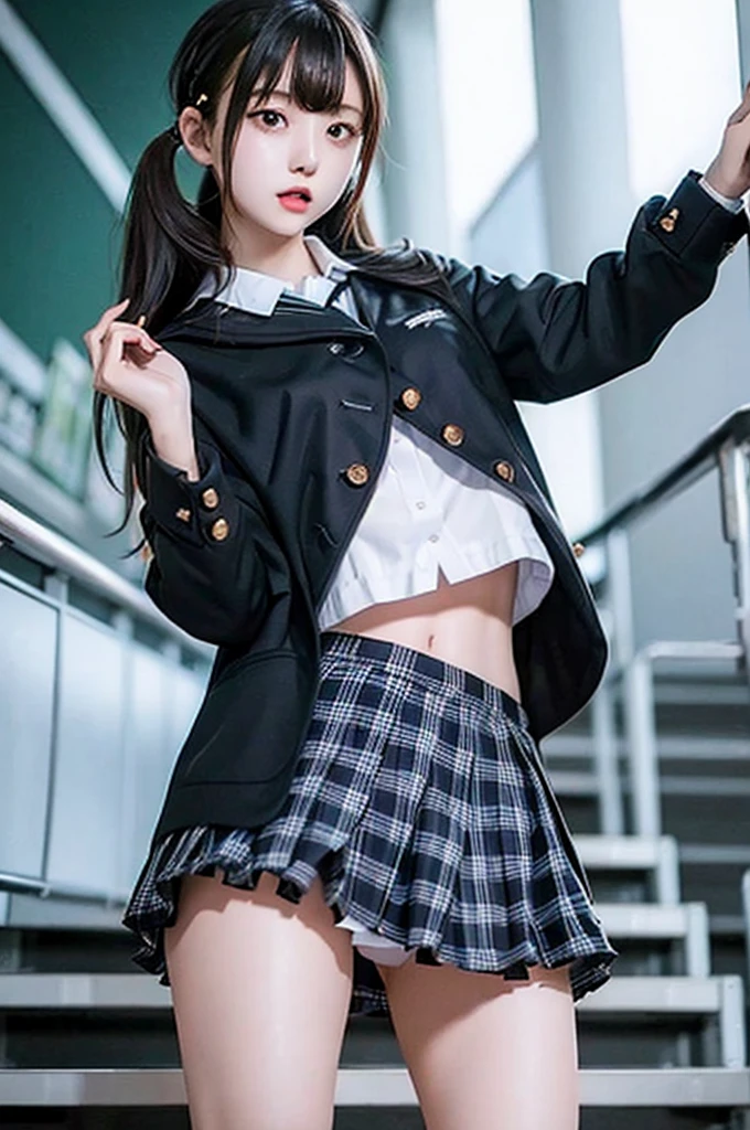 Top quality, high image, 1 woman, 18 years old, school stairs, black jacket, Medium breasts,white blouse,(plaid miniskirt), cotton panties,upskirt,from below1.3