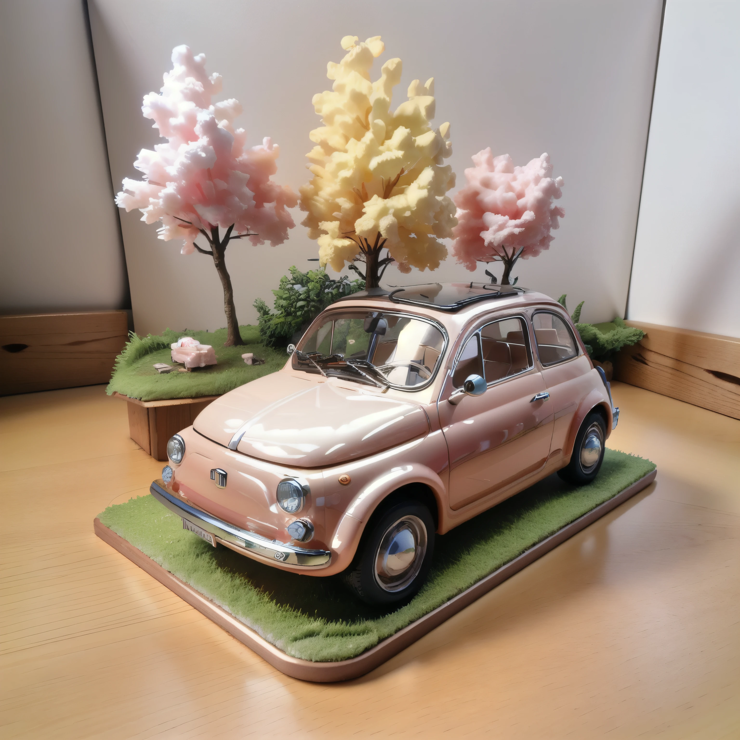 (masterpiece,Highest quality,Highest quality),Fiat 500 plastic model,Isometric 3D diorama,Gentle lighting,Landscape diorama,the way,wood
