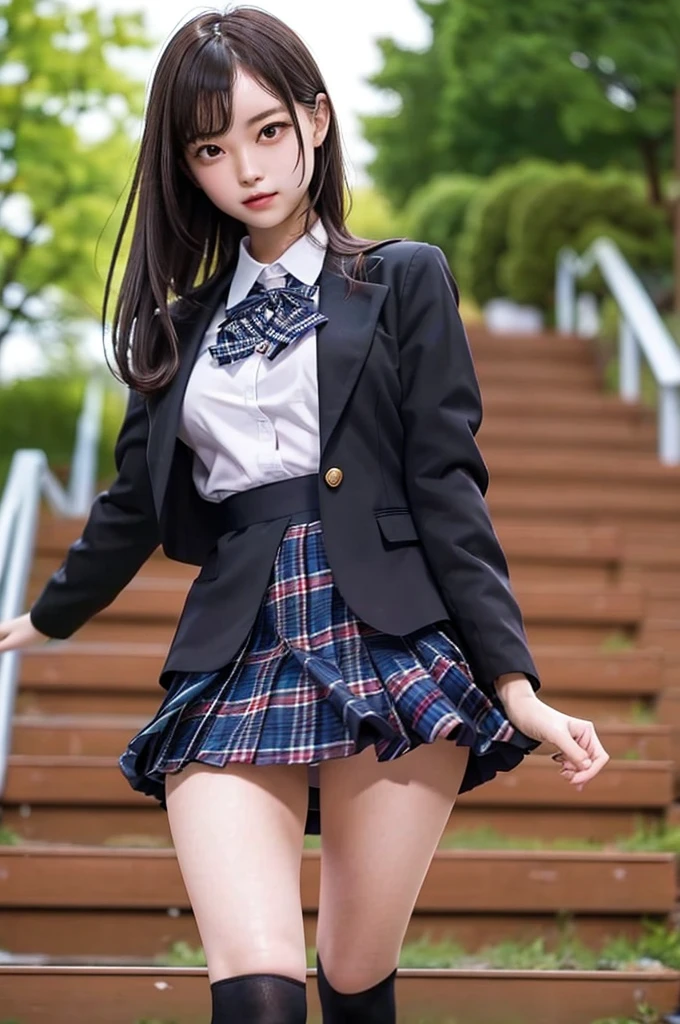 Top quality, high image, 1 woman, 18 years old, school stairs, black jacket, Medium breasts,white blouse,(plaid miniskirt), cotton panties,upskirt,from below1.3