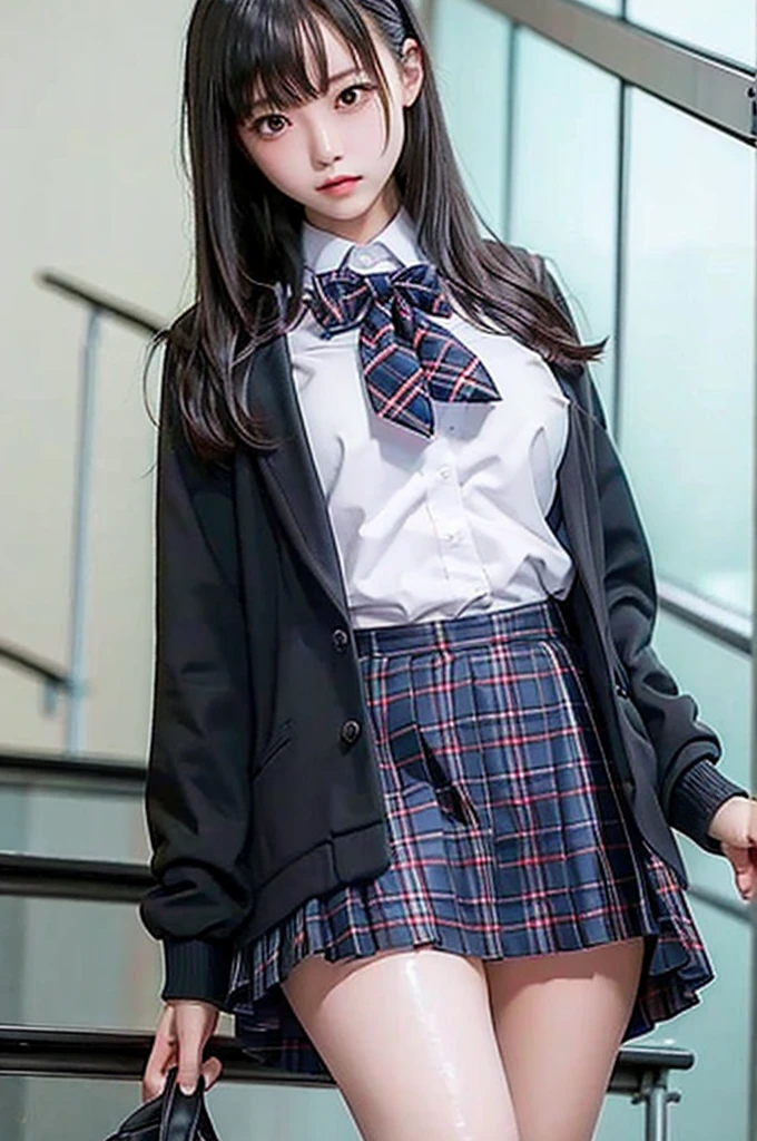 Top quality, high image, 1 woman, 18 years old, school stairs, black jacket, Medium breasts,white blouse,(plaid miniskirt), cotton panties,upskirt,from below1.3