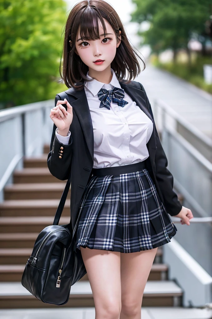 Top quality, high image, 1 woman, 18 years old, school stairs, black jacket, Medium breasts,white blouse,(plaid miniskirt), cotton panties,upskirt,from below1.3