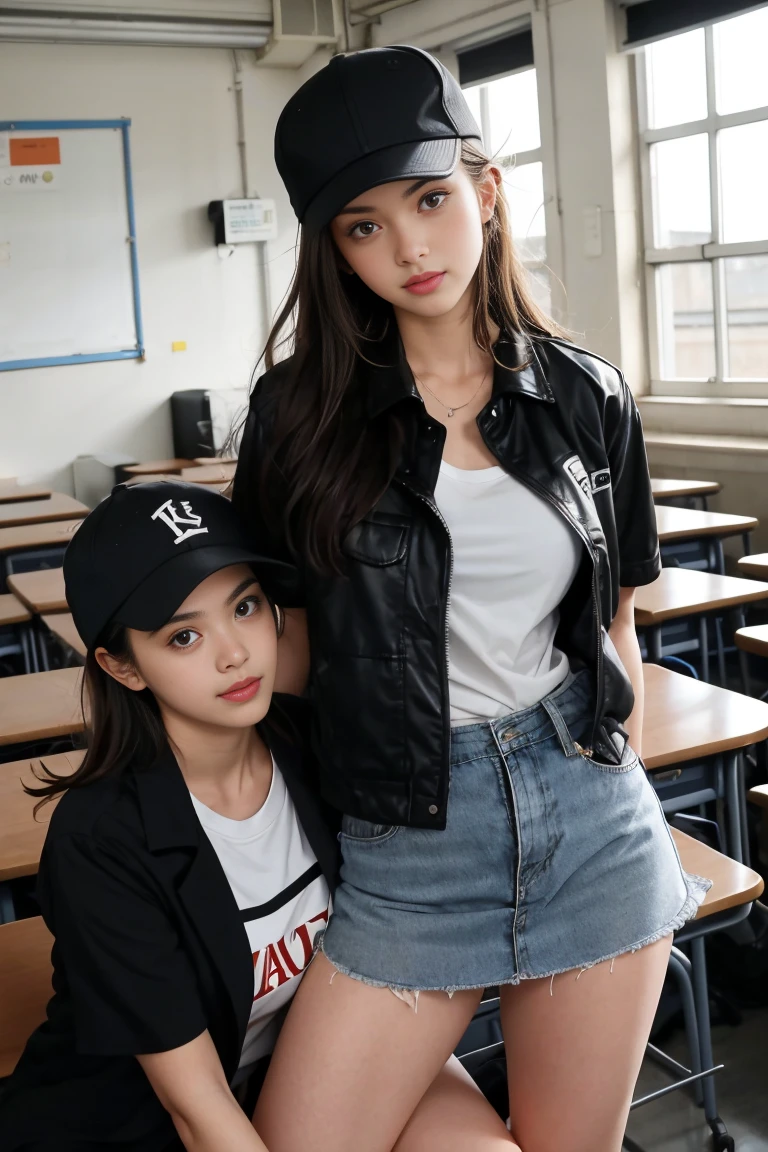 sexe entre deux femme sexy et mince de 18 ans , black short sleeve jacket, dans une salle de classe , casquette, ,jambe visible,se touche