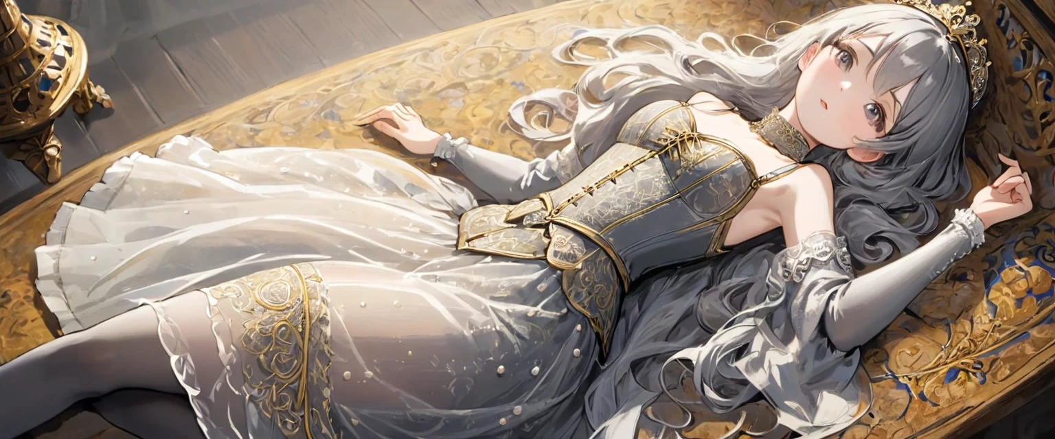 8 year old medieval girl, 1People in underwear、Gold and silver thread embroidery、Knee-length semi-transparent bloomers(Underwear drawers)Wearing、Wearing a semi-transparent corset、Translucent slip, Grey translucent tights、sleep