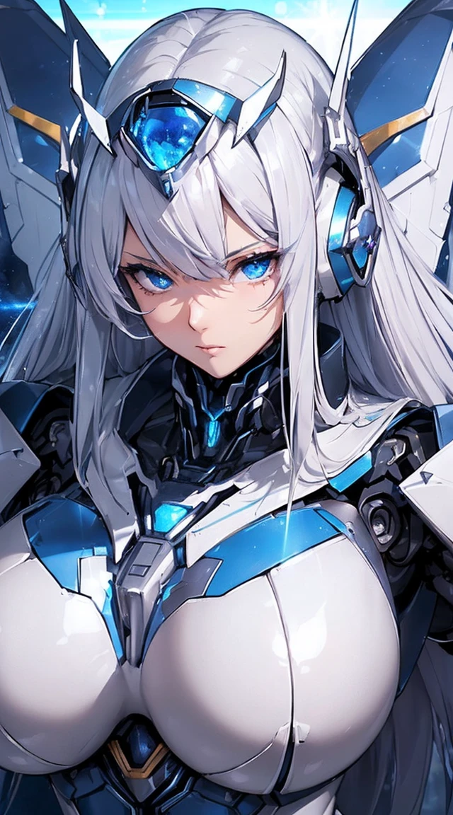((Extreme close up:1.6))、(((Lenses shining on both breasts:1.3)))、((Blue pillars of light radiate from both of his chests..:1.3))、break、(((Dynamic pose:1.8)))、smile、((8K)), ((32k)), ((Highest quality)), ((masterpiece)), ((超A high resolution)), ((Tmasterpiece)), ((Halation:1.4))、((Mechaニカルheadgear:1.2))、((Cyber headphones:1.3))Fine skin, High quality fabric, High-quality metal texture、((Beautiful and dense face))、RAW Photos、Professional, Ultra-fine painting, ((alone)), Beautiful breasts、Highest quality, Very detailed, Very detailed詳細, Finer details, so beautiful, ((Princess Knight Robot:1.2)),  (Joint of the machine, Mechanical Limbs:1.3), (The internal structure of the machine is exposed:1.3), (Long silver hair:1.1), (Beautiful and huge mechanical breasts)、White Veil, cowboy_shot, Side Focus, headgear, Shiny、(Five Fingers, Four fingers and thumb),Concept Art, Anime fantasy artwork, Detailed fantasy art, (with pale blue-violet hair and large white wings,,,,,,,,), (((Long silver hair))), (Mecha:1.6)、Sleek and intimidating design, ((Commander-in-Chief&#39;arm)), (Perfect robot body)、純白と青紫のarmまたは, Symmetrical wings, 8K High Resolution, Detailed Art, 3D rendering of character art in 8K, neat legs, Defined, Defined fingers,((headshot:1.3))