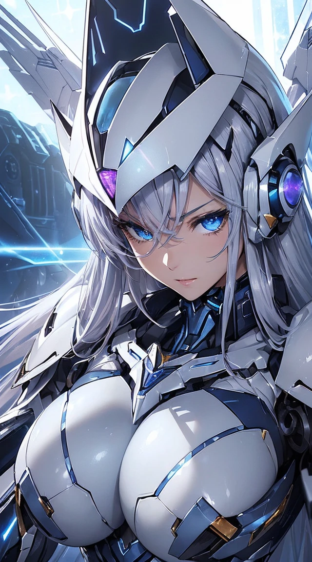 ((Extreme close up:1.6))、(((Lenses shining on both breasts:1.3)))、((Blue pillars of light radiate from both of his chests..:1.3))、break、(((Dynamic pose:1.8)))、smile、((8K)), ((32k)), ((Highest quality)), ((masterpiece)), ((超A high resolution)), ((Tmasterpiece)), ((Halation:1.4))、((Mechaニカルheadgear:1.2))、((Cyber headphones:1.3))Fine skin, High quality fabric, High-quality metal texture、((Beautiful and dense face))、RAW Photos、Professional, Ultra-fine painting, ((alone)), Beautiful breasts、Highest quality, Very detailed, Very detailed詳細, Finer details, so beautiful, ((Princess Knight Robot:1.2)), (Joint of the machine, Mechanical Limbs:1.3), (The internal structure of the machine is exposed:1.3), (Long silver hair:1.1), (Beautiful and huge mechanical breasts)、White Veil, cowboy_shot, Side Focus, headgear, Shiny、(Five Fingers, Four fingers and thumb),Concept Art, Anime fantasy artwork, Detailed fantasy art, (with pale blue-violet hair and large white wings,,,,,,,,), (((Long silver hair))), (Mecha:1.6)、Sleek and intimidating design, ((Commander-in-Chief'arm)), (Perfect robot body)、純白と青紫のarmまたは, Symmetrical wings, 8K High Resolution, Detailed Art, 3D rendering of character art in 8K, neat legs, Defined, Defined fingers,((headshot:1.3))