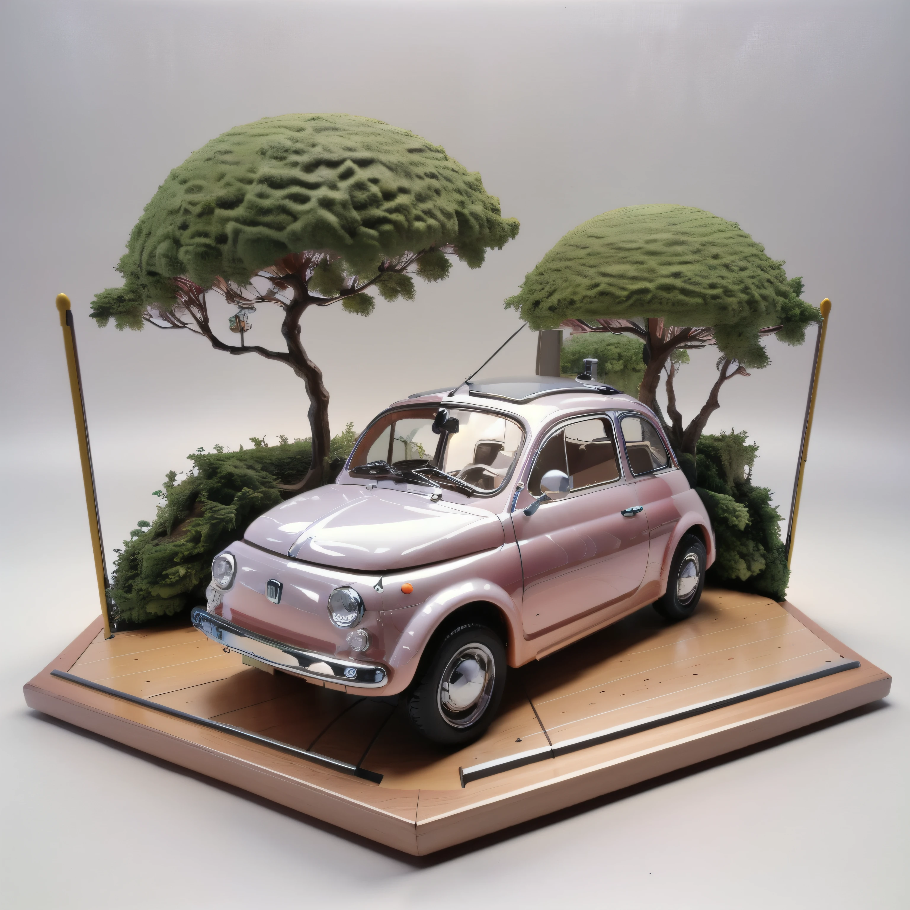 (masterpiece,Highest quality,Highest quality),Fiat 500 plastic model,Isometric 3D diorama,Gentle lighting,Landscape diorama,the way,wood