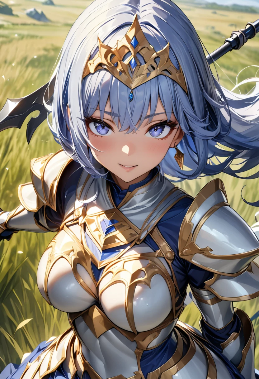 (Perfect Anatomy)、Mastepiece、Ultra High Quality、 8K、masterpiece、Highest quality、Ultra-high resolution、Maximum resolution、Very detailed、Professional Lighting、anime、Adult female、thin、so beautiful、Highly detailed eye、Highly detailed face、Armored Dress, Blue and white armor, , Golden decorated luxury tiara,Golden earrings,Frilly Armor,Blue Hair, blue eyes,White underwear、forest, equipped with a spear, female spearman, lancer, Run through the battlefield and defeat your enemies