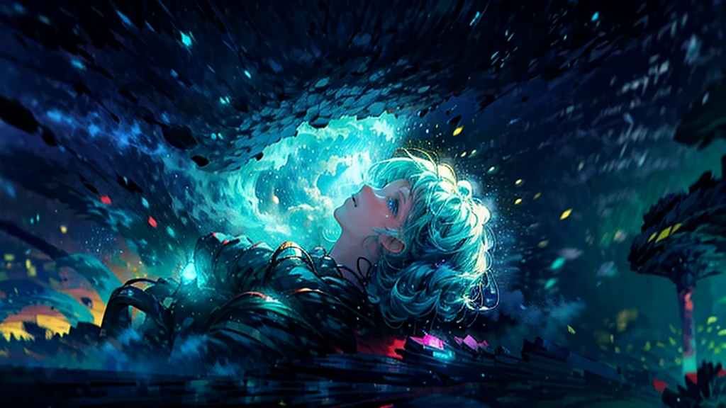 Describe a scene in which a cute girl character is lying on a grassy hill, Look up at the starry sky. Surround her with colorful nebulae and her favorite constellations、Night music