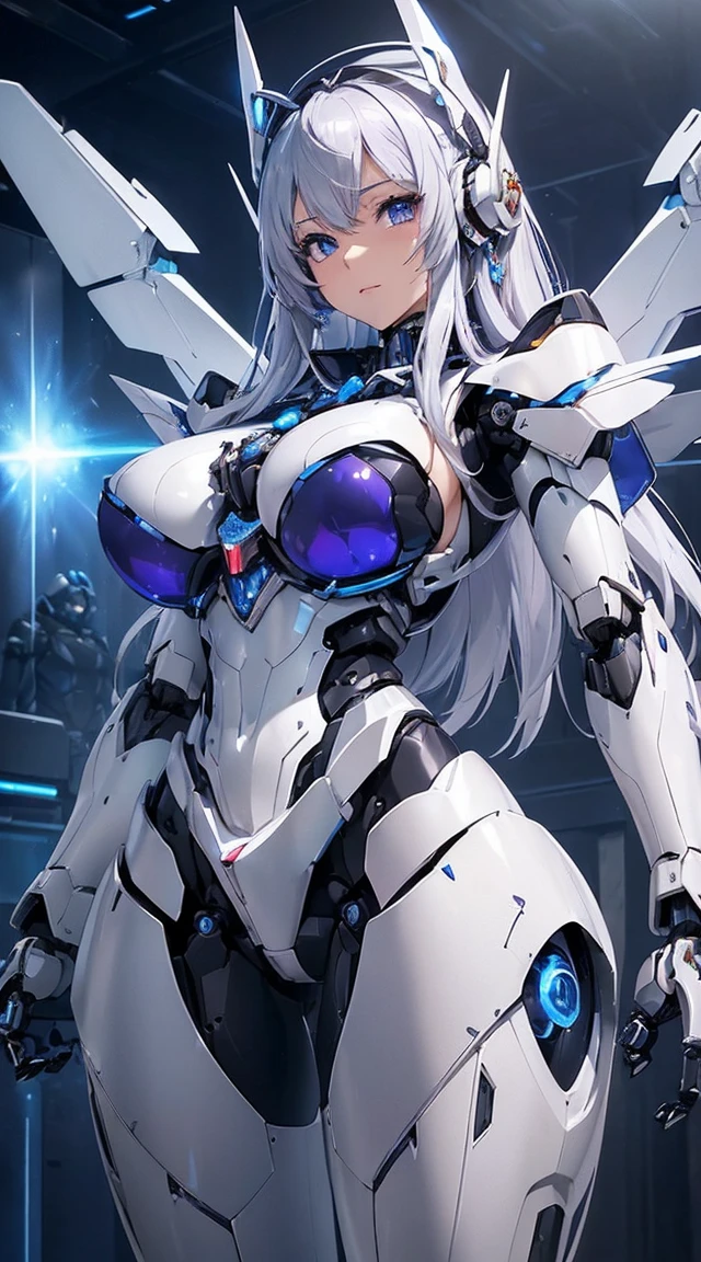 ((Intense action pose:1.6))、((Shining lenses on both breasts:1.3))、((Blue pillars of light are emanating from both chests.:1.3))、smile、((8K)), ((32k)), ((Highest quality)), ((masterpiece)), ((超A high resolution)), ((Tmasterpiece)), ((Halation:1.4))、((Mechaニカルheadgear:1.2))、((Cyber headphones:1.3))、Fine skin, High quality fabric, Fine metal texture、((Beautiful and dense face))、RAW Photos、Professional, Ultra-fine painting, ((alone)), Beautiful breasts、Highest quality, Very detailed, Very detailed詳細, Finer details, so beautiful, ((Princess Knight Robot:1.2)), (Joints of machines, Mechanical Limbs:1.3), (The internal structure of the machine is exposed:1.3), (Long silver hair:1.1), (Beautiful and huge mechanical breasts)、White Veil, cowboy_shot, Side Focus, headgear, Shiny、(Five Fingers, Four fingers and thumb),Concept Art, Anime fantasy artwork, Detailed fantasy art, (with pale blue-violet hair and large white wings,,,,,,,), (((Long silver hair))), (Mecha:1.6)、Sleek and intimidating design, ((Commander-in-Chief'arm)), (Perfect robot body)、純白と青紫armまたは, Symmetrical wings, 8K high quality, detailed art, 3D rendering of character art in 8K, neat legs, Defined, Defined fingers,