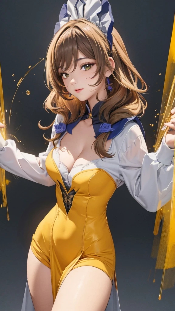 random angle image, brush drawing image, portrait image, beautiful busty Asian female , aged 20, soft skin colour, flowing long light brown hair, yellow slim fit maid dress, dynamic pose, yellow smoke lines behind, white background, 8K resolution