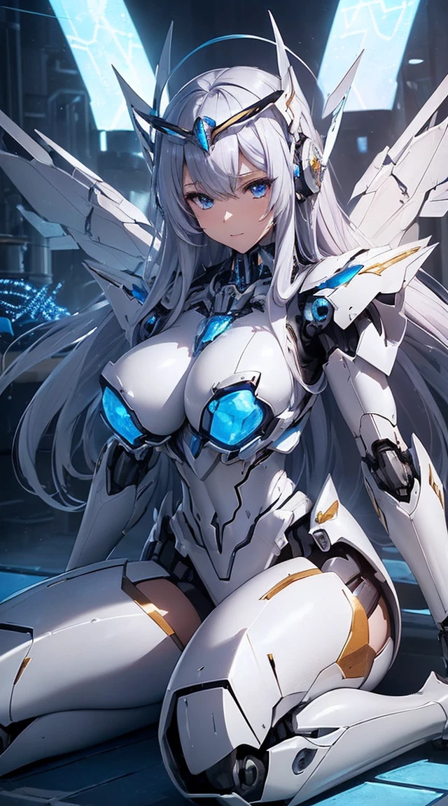 (Sit with one knee on the machine:1.6)、(Full body description:1.3)、((Shining lenses on both breasts:1.3))、((Blue pillars of light are emanating from both chests.:1.3))、smile、((8K)), ((32k)), ((Highest quality)), ((masterpiece)), ((超A high resolution)), ((Tmasterpiece)), ((Halation:1.4))、((Mechaニカルheadgear:1.2))、((Cyber headphones:1.3))、Fine skin, High quality fabric, Fine metal texture、((Beautiful and dense face))、RAW Photos、Professional, Ultra-fine painting, ((alone)), Beautiful breasts、Highest quality, Very detailed, Very detailed詳細, Finer details, so beautiful, ((Princess Knight Robot:1.2)), (Joints of machines, Mechanical Limbs:1.3), (The internal structure of the machine is exposed:1.3), (Long silver hair:1.1), (Beautiful and huge mechanical breasts)、White Veil, cowboy_shot, Side Focus, headgear, Shiny、(Five Fingers, Four fingers and thumb),Concept Art, Anime fantasy artwork, Detailed fantasy art, (with pale blue-violet hair and large white wings,,,,,,,), (((Long silver hair))), (Mecha:1.6)、Sleek and intimidating design, ((Commander-in-Chief'arm)), (Perfect robot body)、純白と青紫armまたは, Symmetrical wings, 8K high quality, detailed art, 3D rendering of character art in 8K, neat legs, Defined, Defined fingers,
